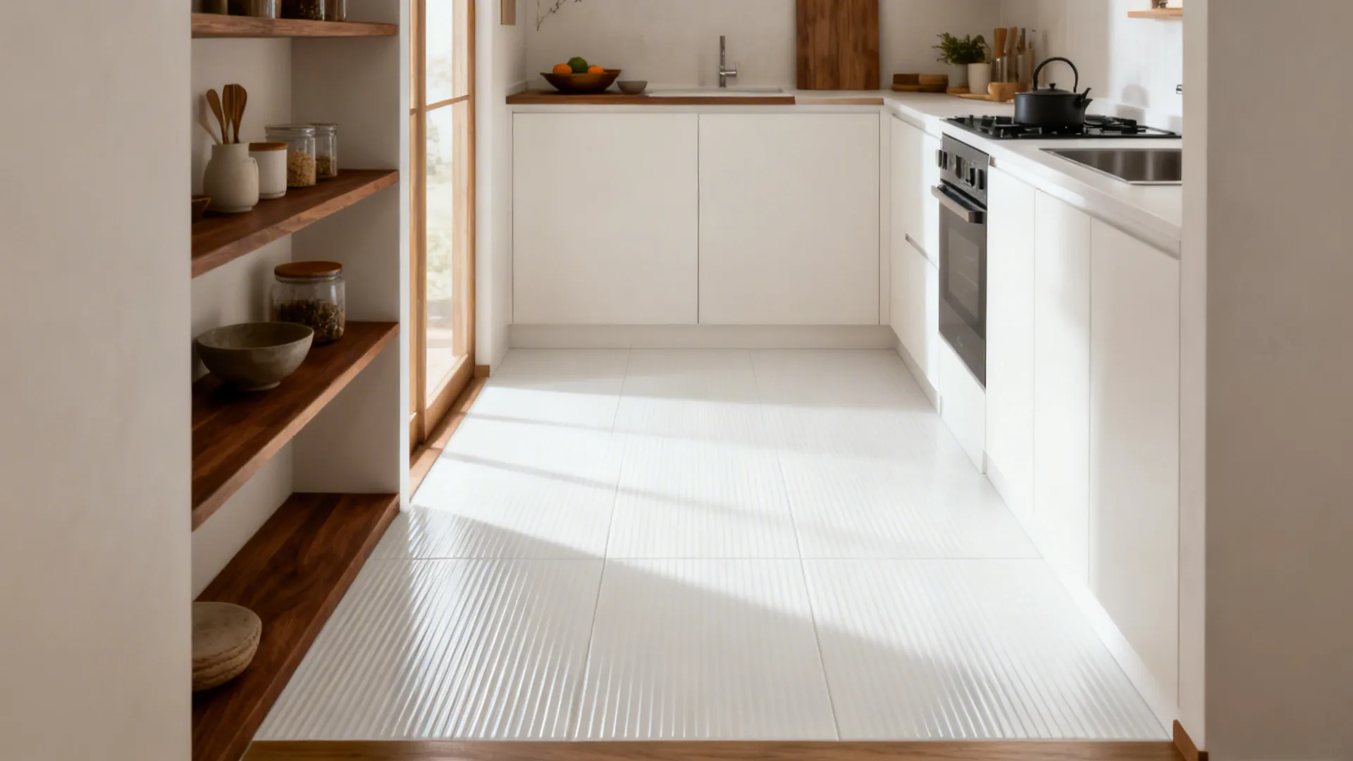 Small kitchen with white ribbed ceramic floor and walnut accents.