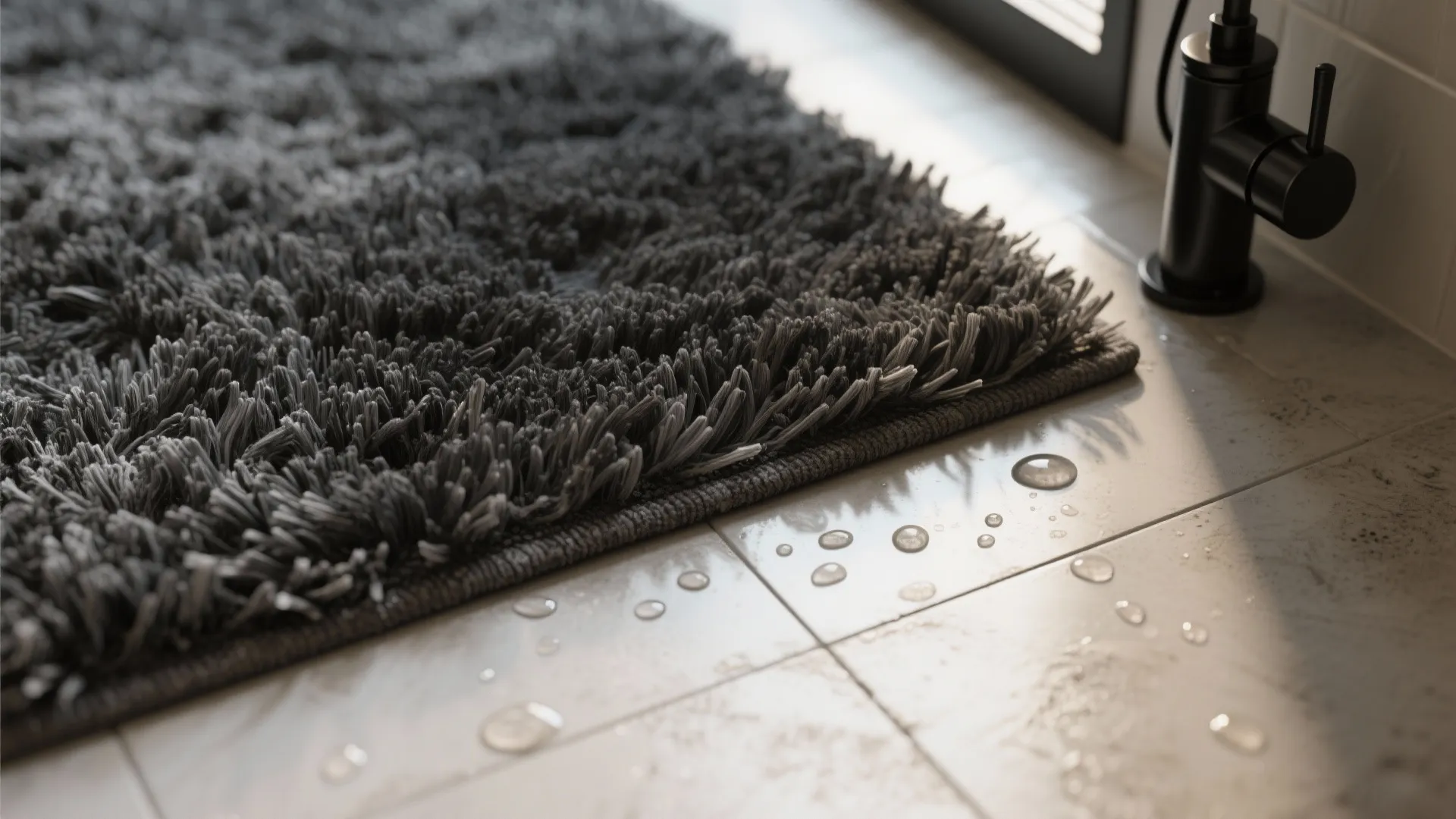 Close up view of a soft grey bath mat with water drops on bathroom floor