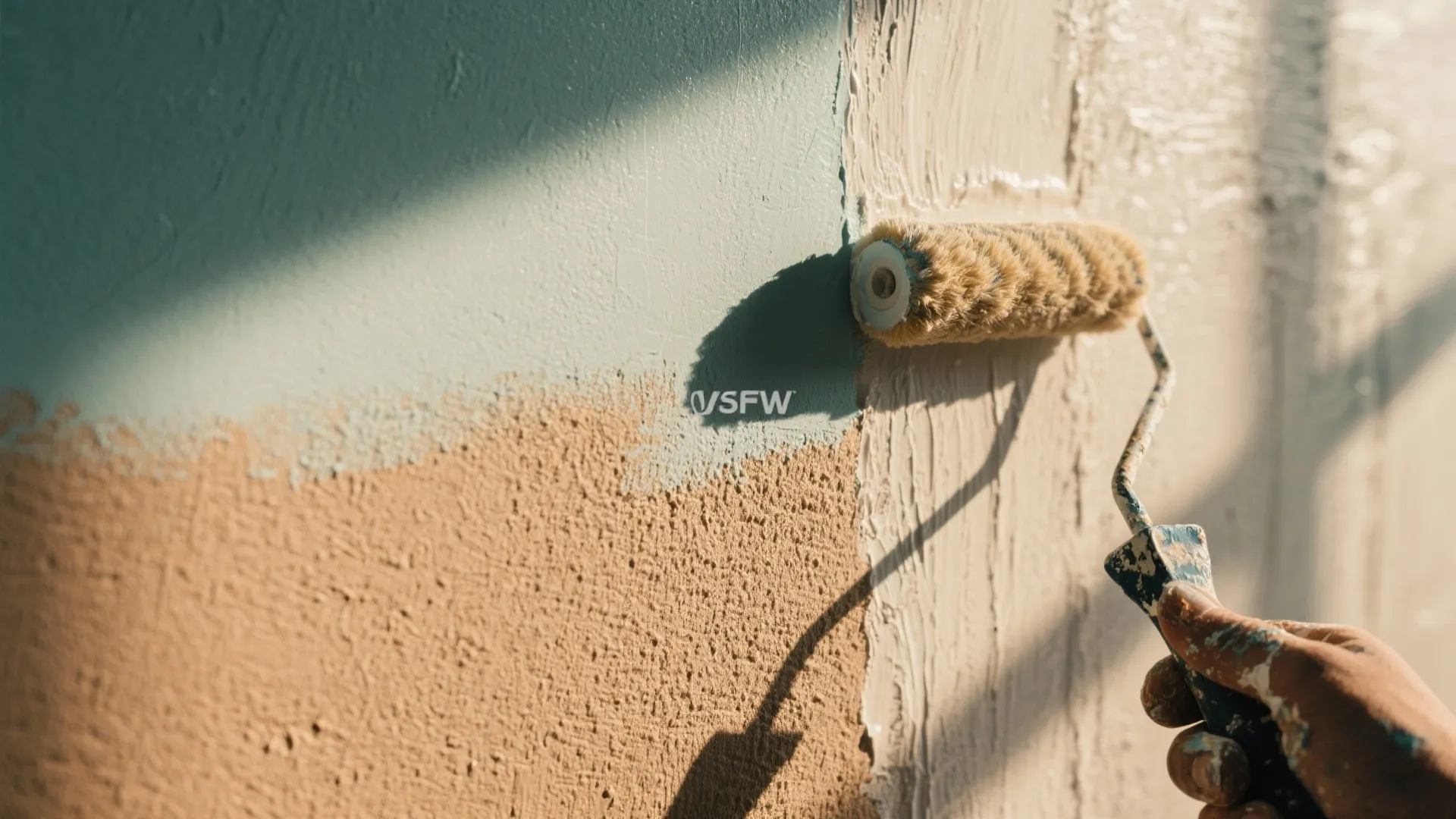 Close-up of a hand using a paint roller applying beige paint on a textured wall