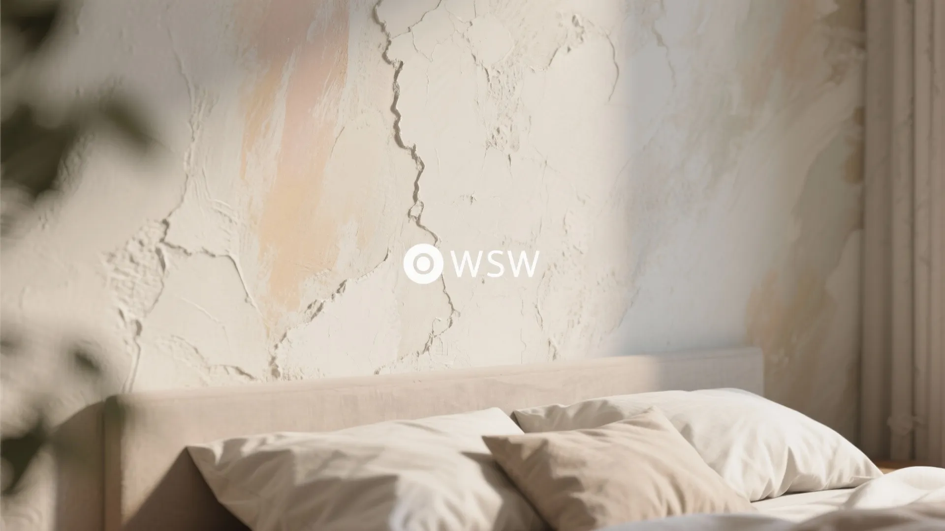 Textured cream and pink wall surface behind a bed with pillows and soft morning sunlight