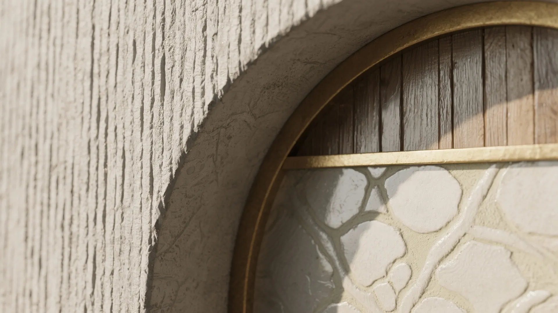 Close up of textured white wall with arched window featuring wood panels and gold trim