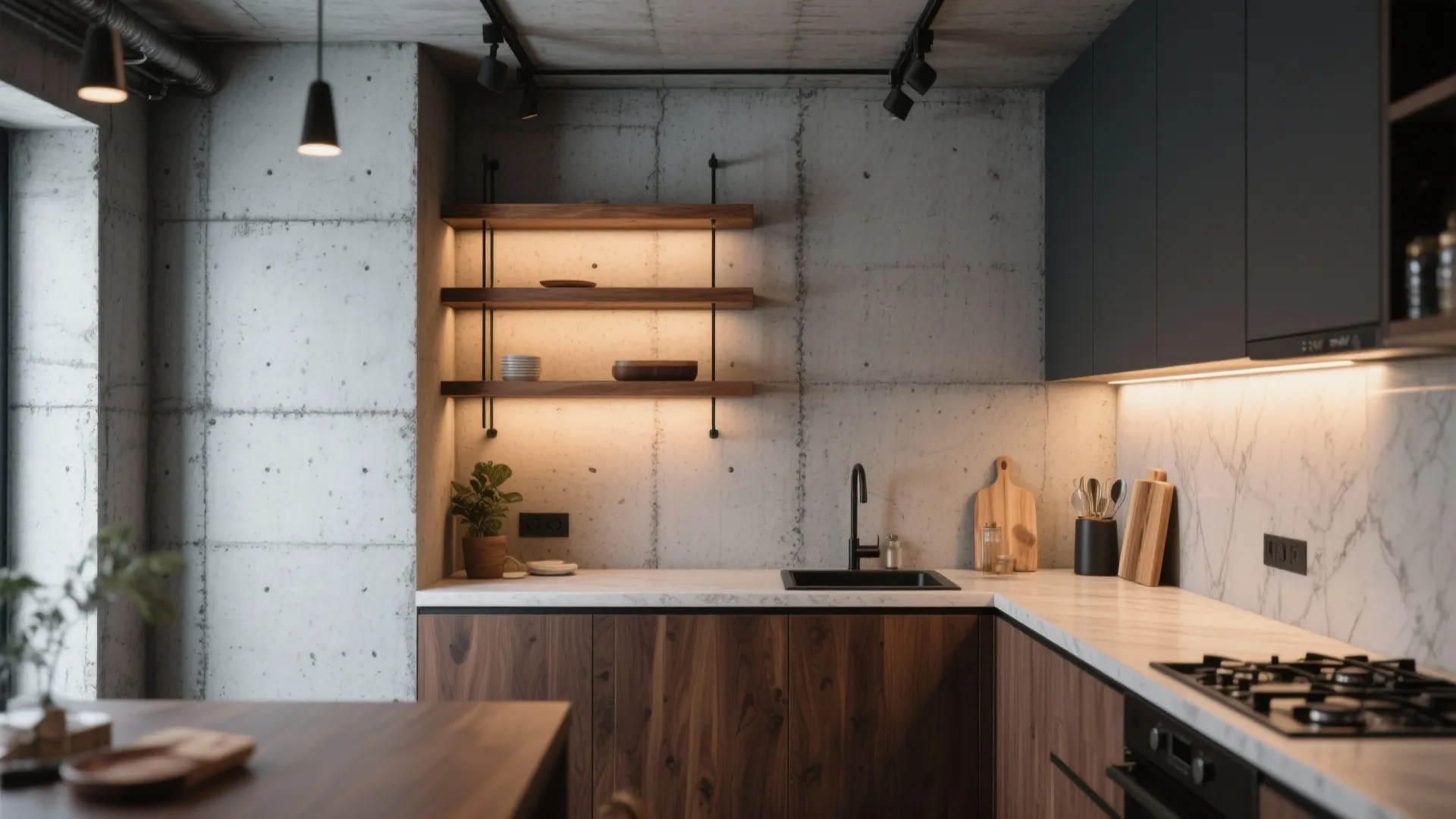 Microcement textured concrete wall with warm lighting in a loft kitchen