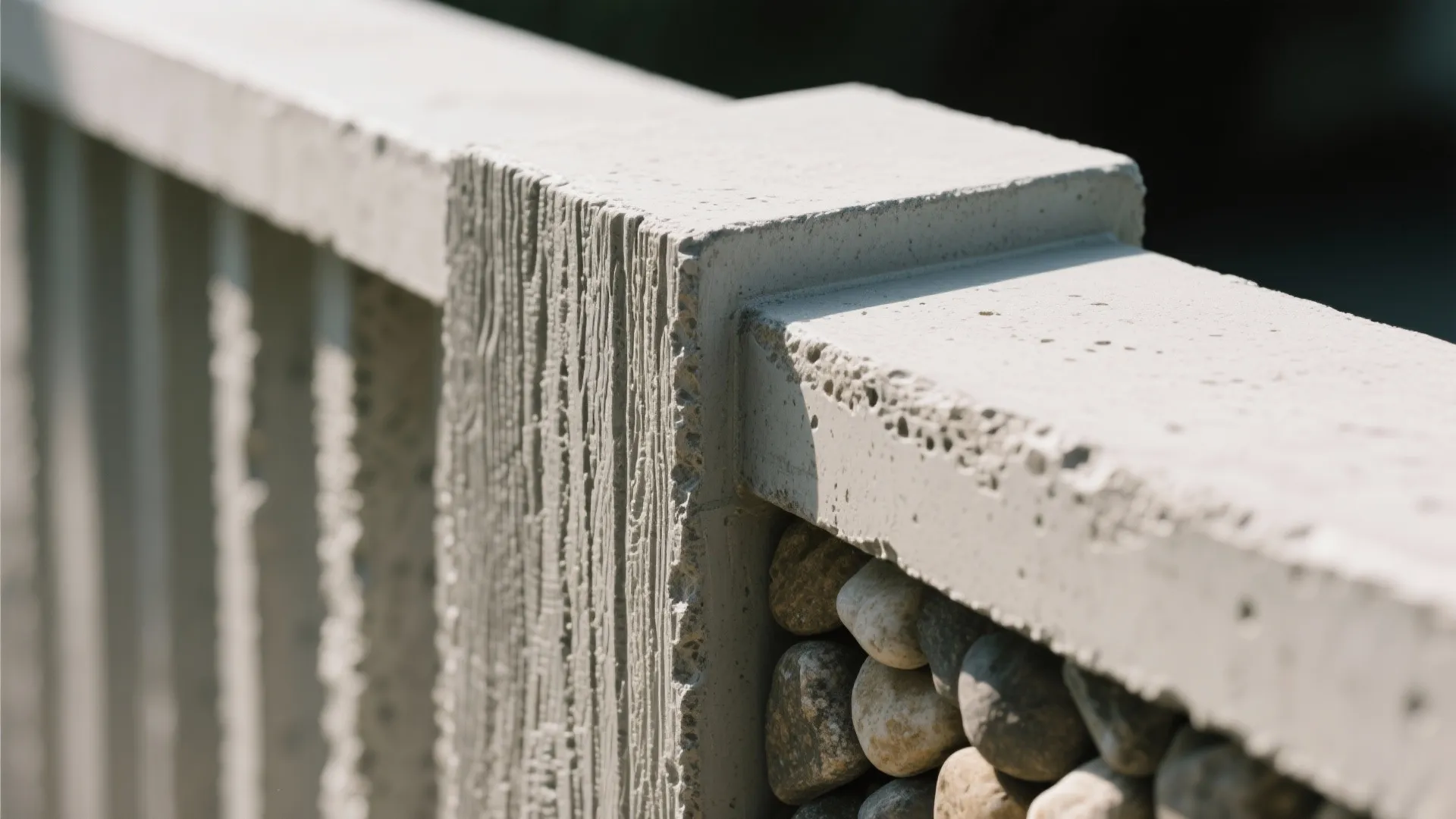Close up of grey concrete railing with wood texture and a section of small round stones