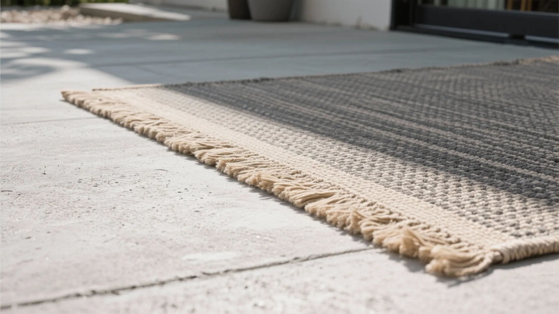 Grey textured rug with fringes on a concrete floor with shadows and bright natural sunlight