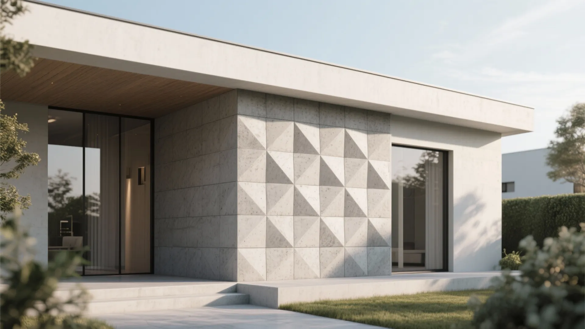 Modern house exterior with grey textured wall panel large glass doors green grass and trees