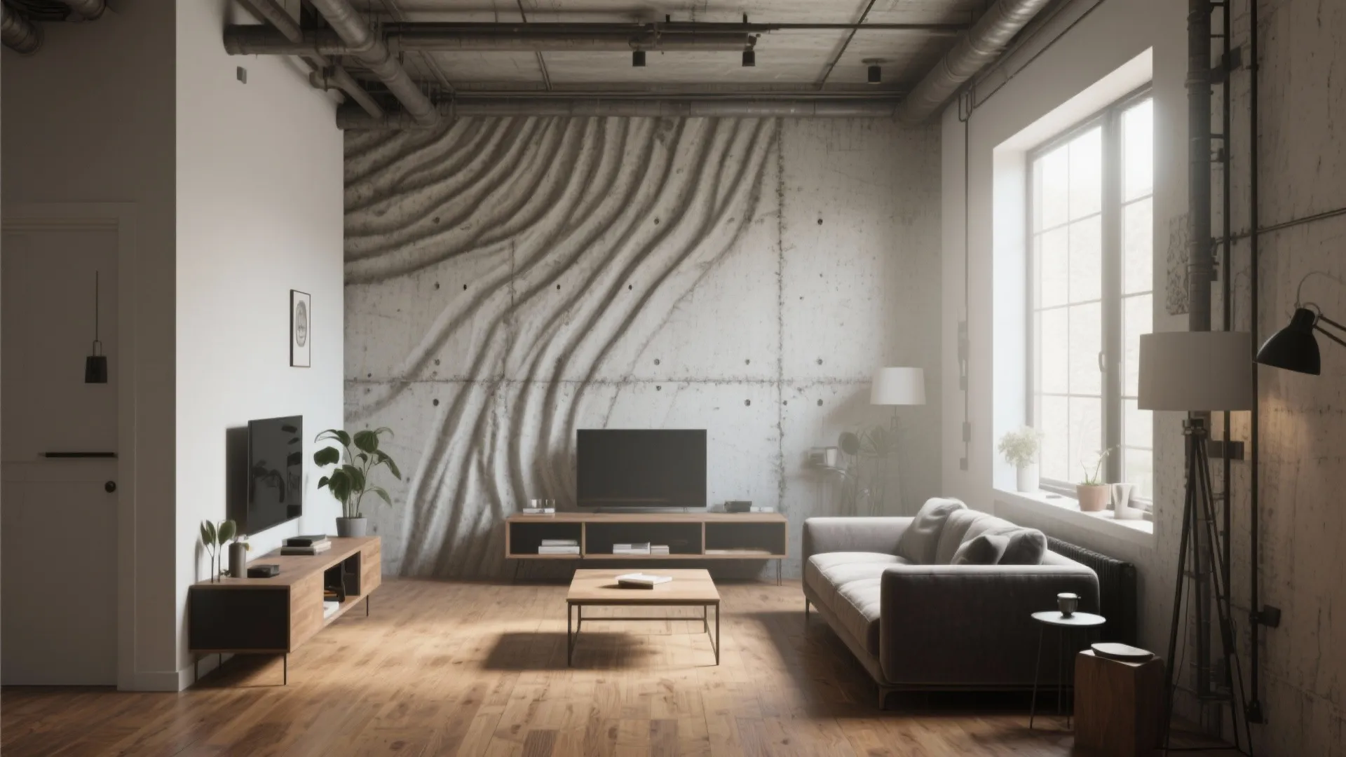 Industrial living room with textured concrete wall wooden floor grey sofa and black ceiling light
