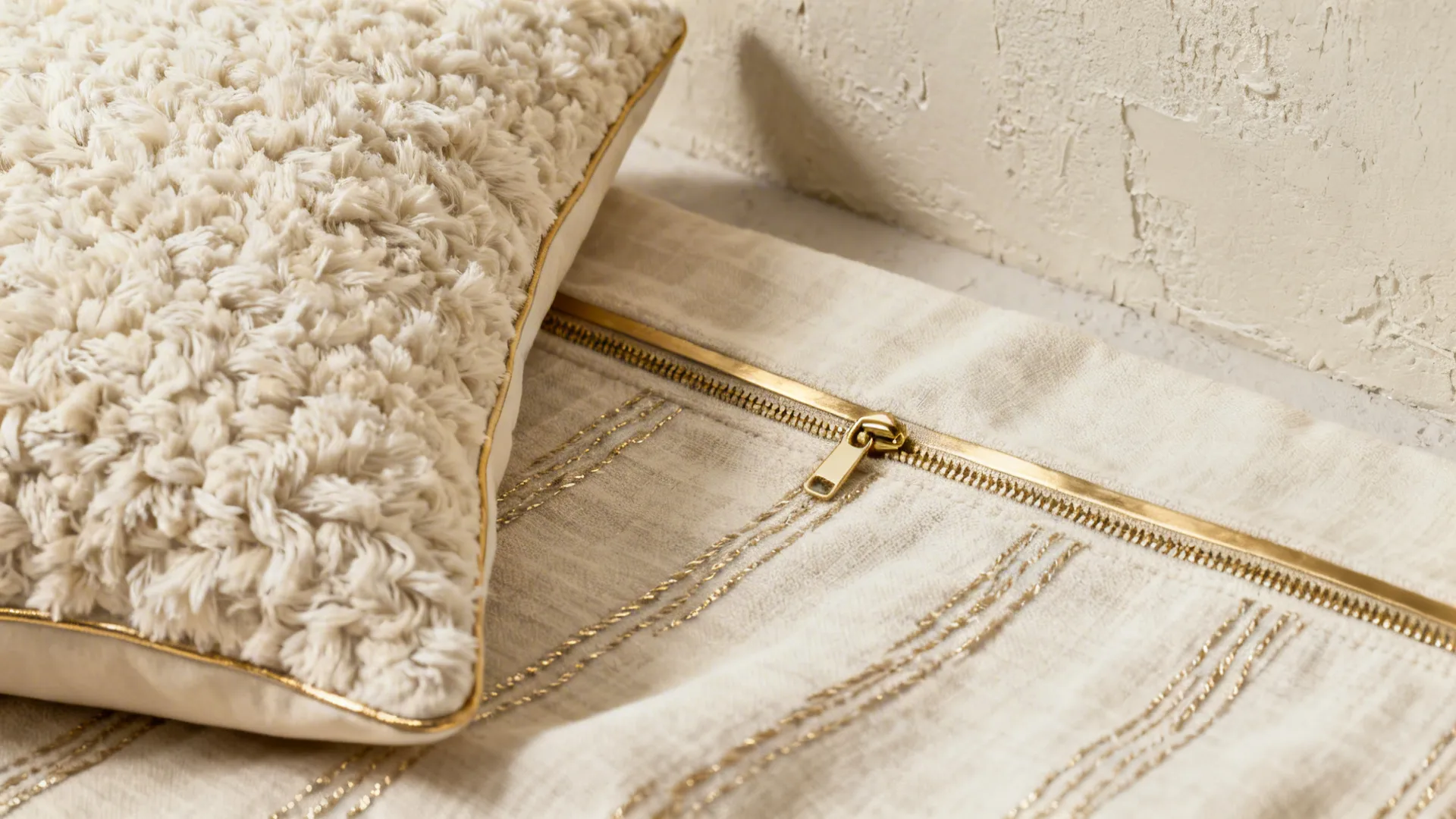 Close-up of boucle and linen textures with matte brushed-gold accents.