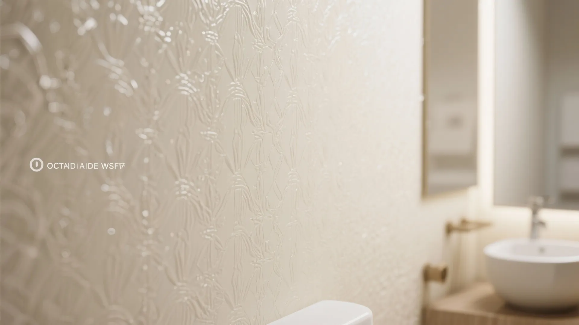Close up of textured cream wallpaper with leaf patterns in a modern bathroom with sink