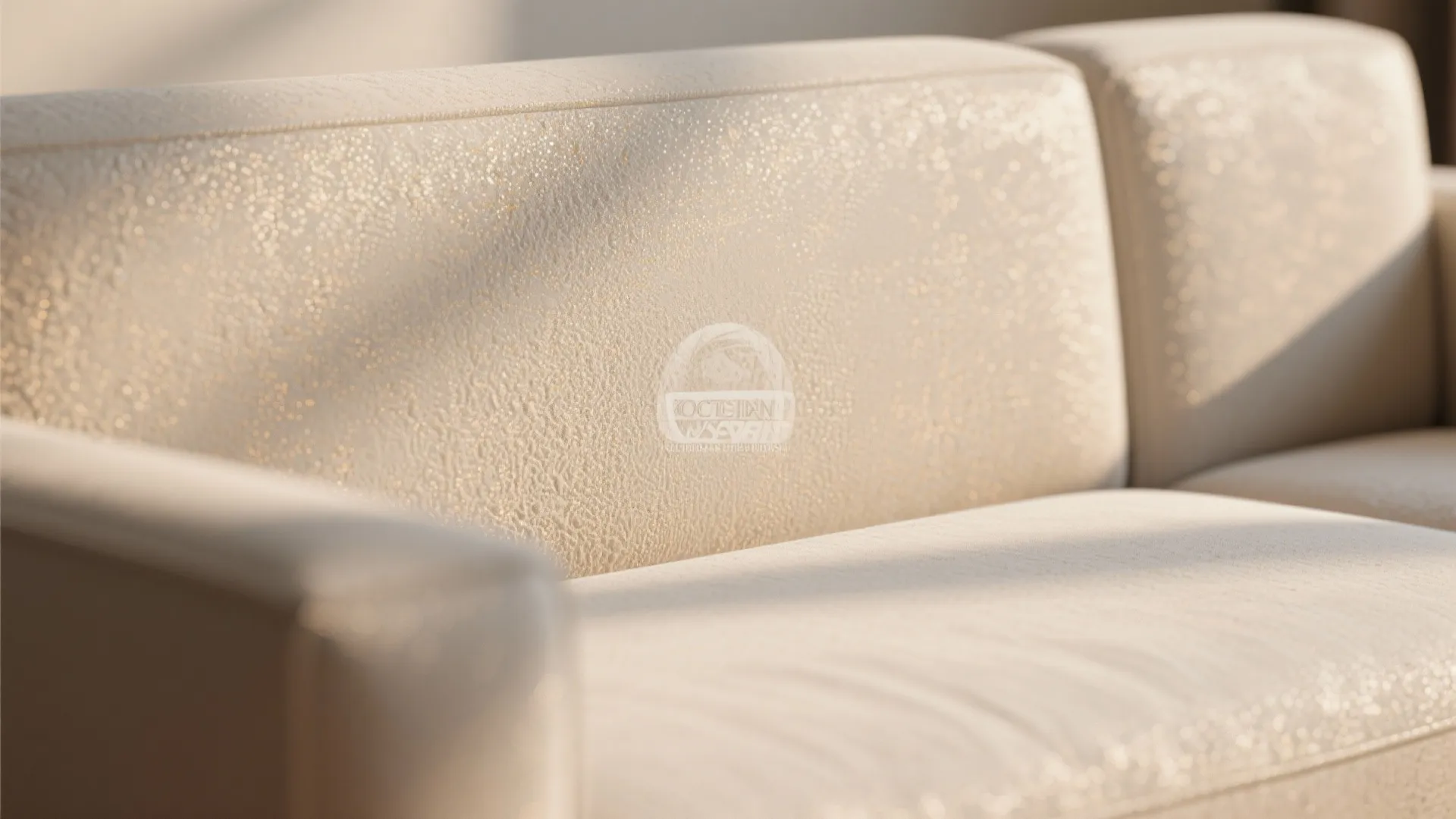 Close up of a cream sofa showing fabric texture with soft natural light and shadows