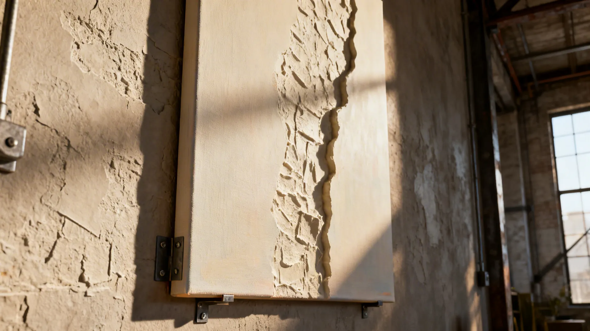 Layered textured wall art showing plaster panel behind a painted canvas with shadow and depth.
