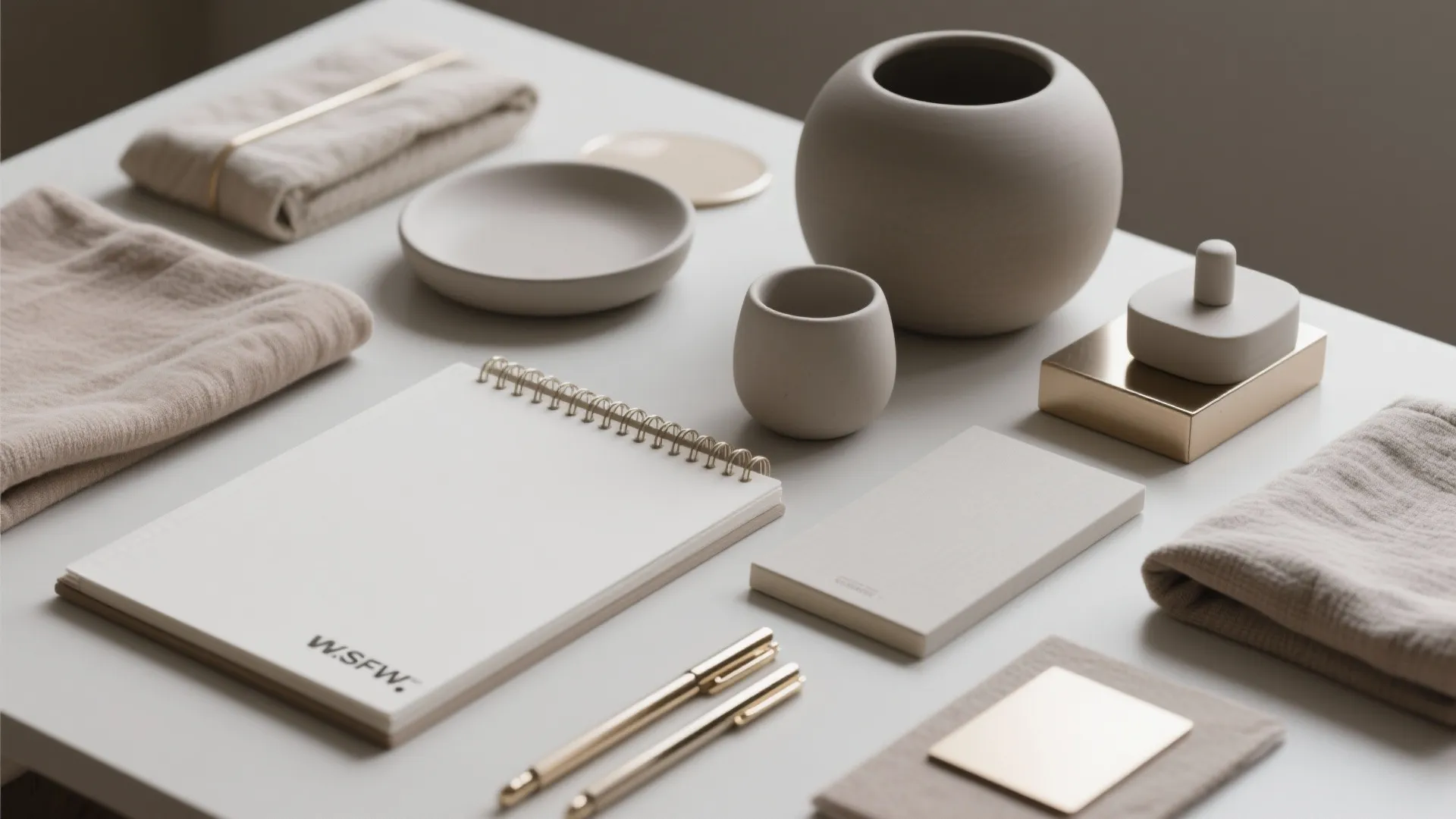 Minimalist desk setup with beige notebooks gold pens ceramic pots and soft fabric in neutral colors