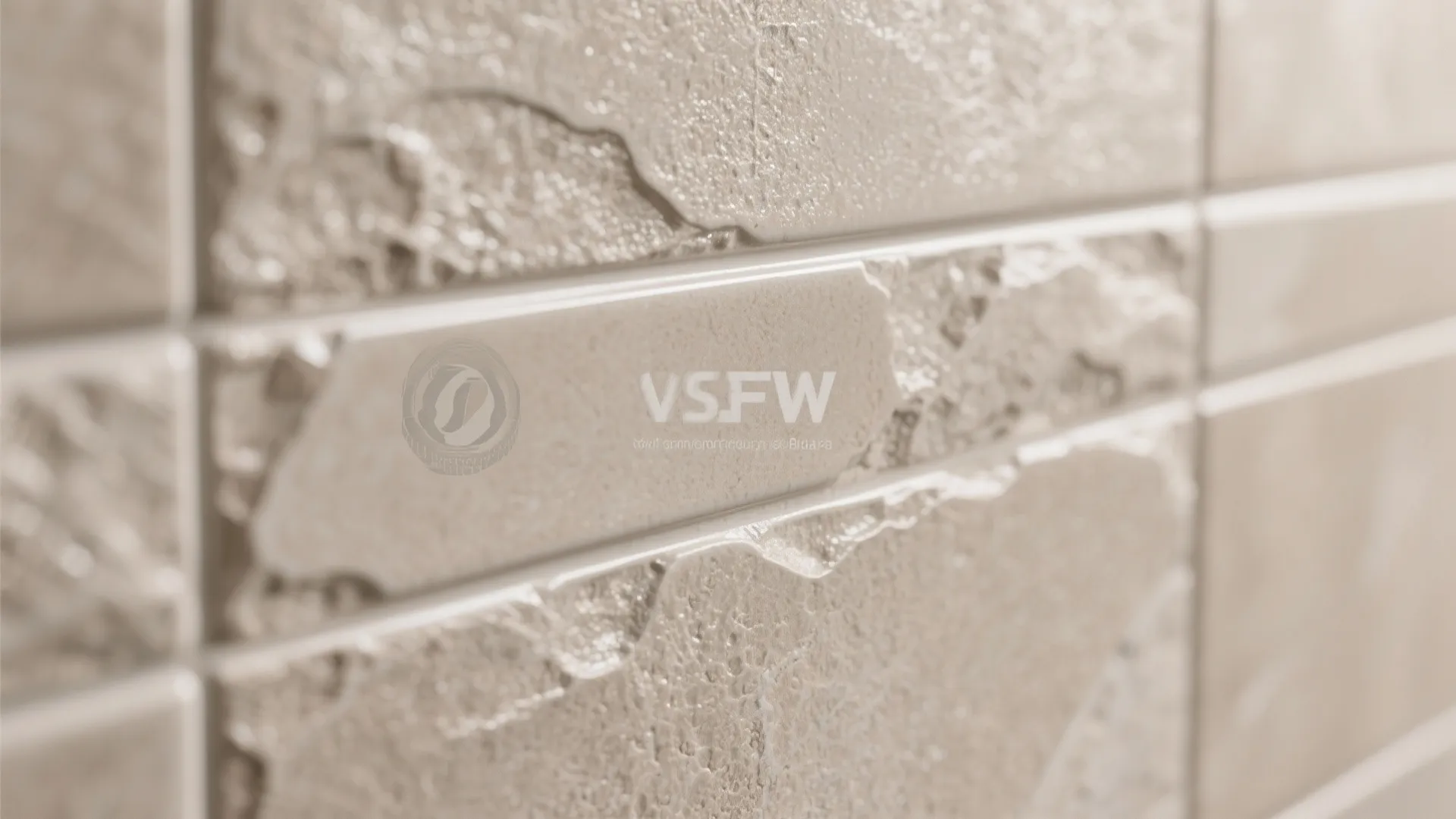 Close up view of textured beige wall tiles with a rough stone surface and logo