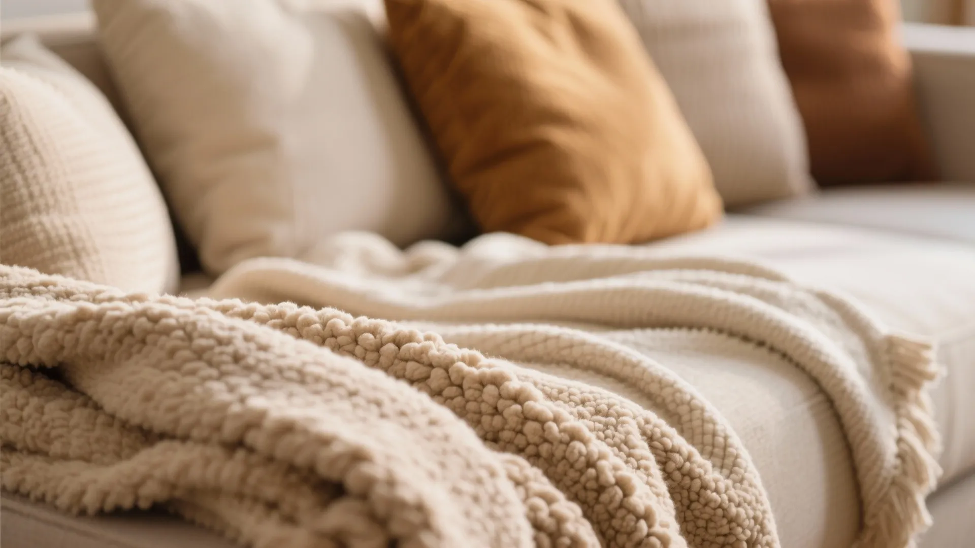 Close up of textured cream blanket and soft pillows on a modern sofa in home