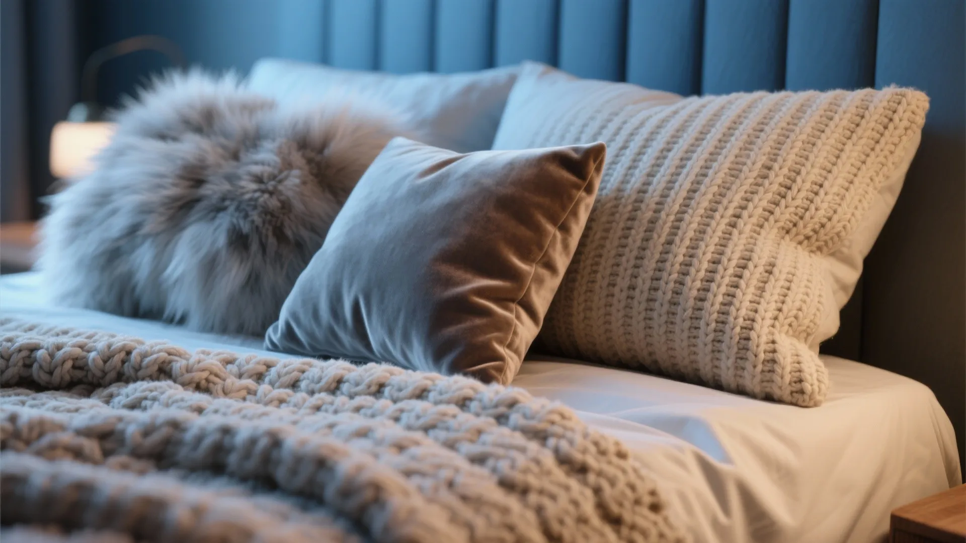Close up of a bed with soft pillows and a thick knitted blanket in a bedroom