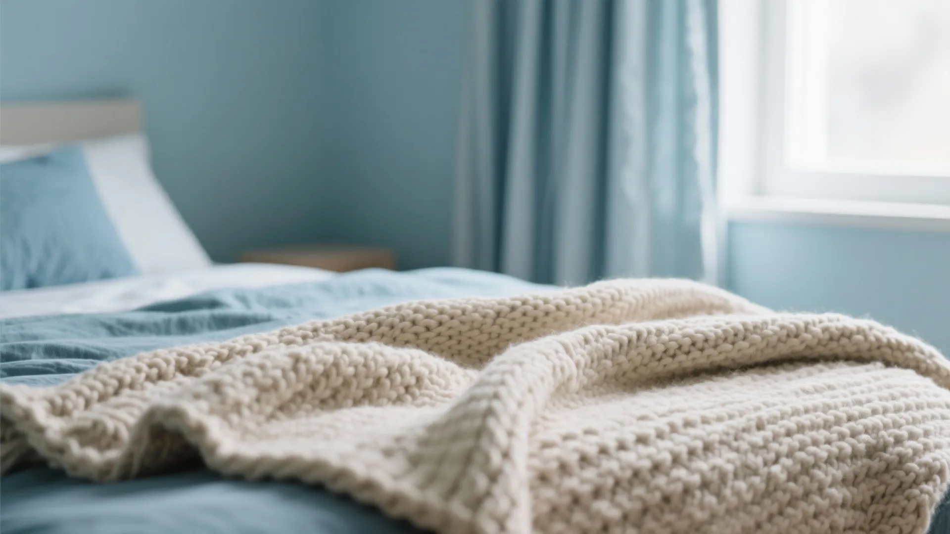 Close up of a cream knitted blanket on a blue bed with soft natural light