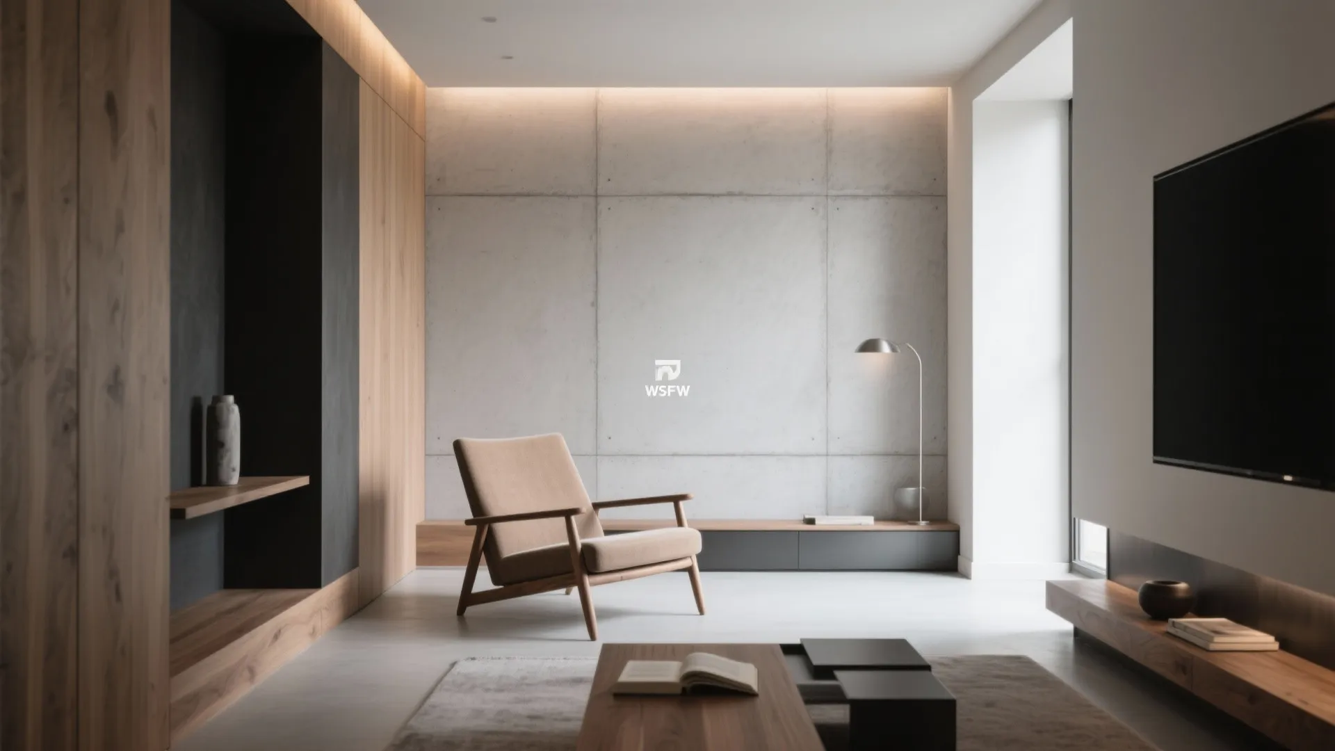 Minimalist living room with concrete wall wooden cabinets armchair floor lamp and wall mounted television