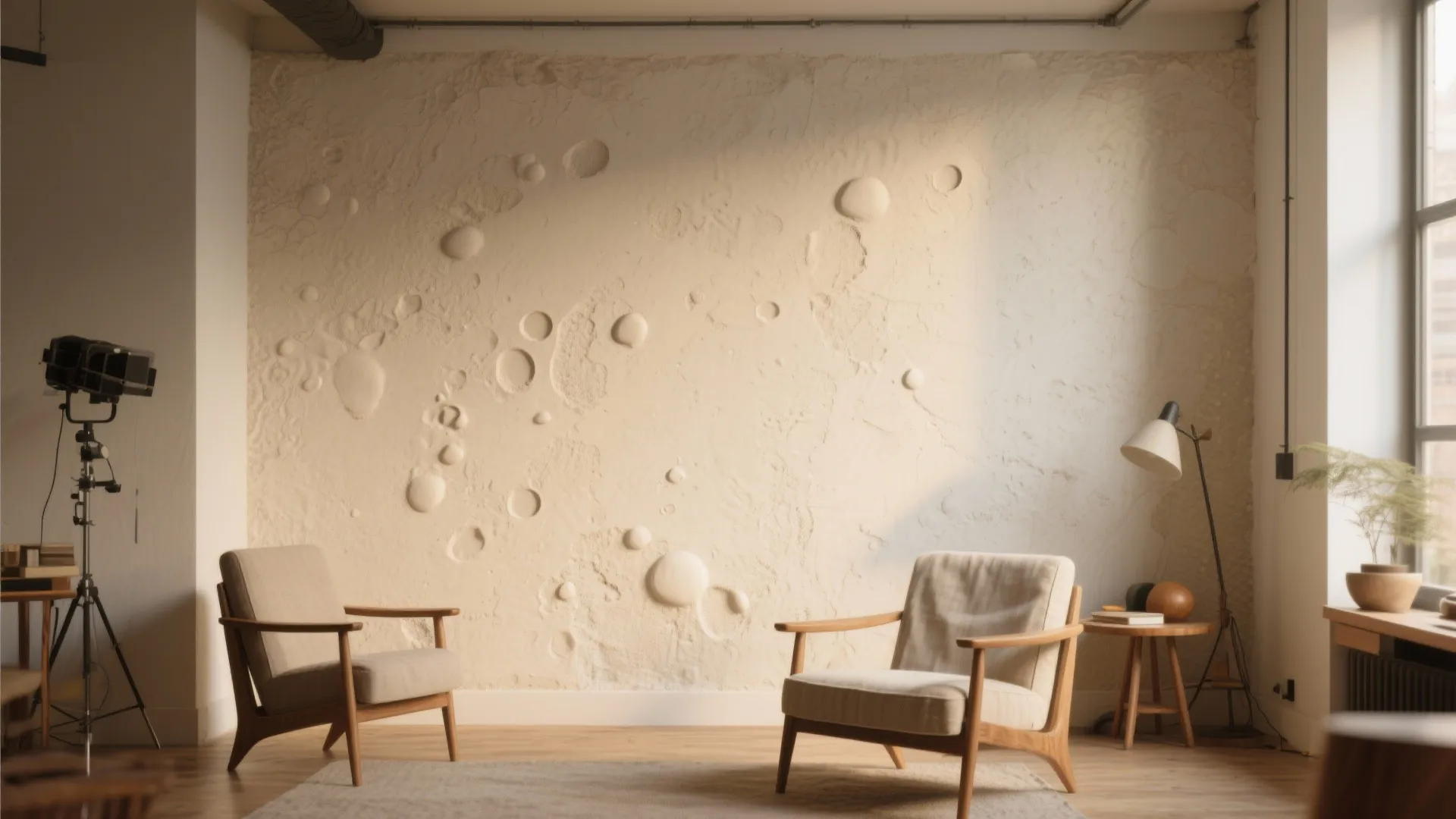 Modern living room with moon surface textured wall panel two beige chairs and a lamp