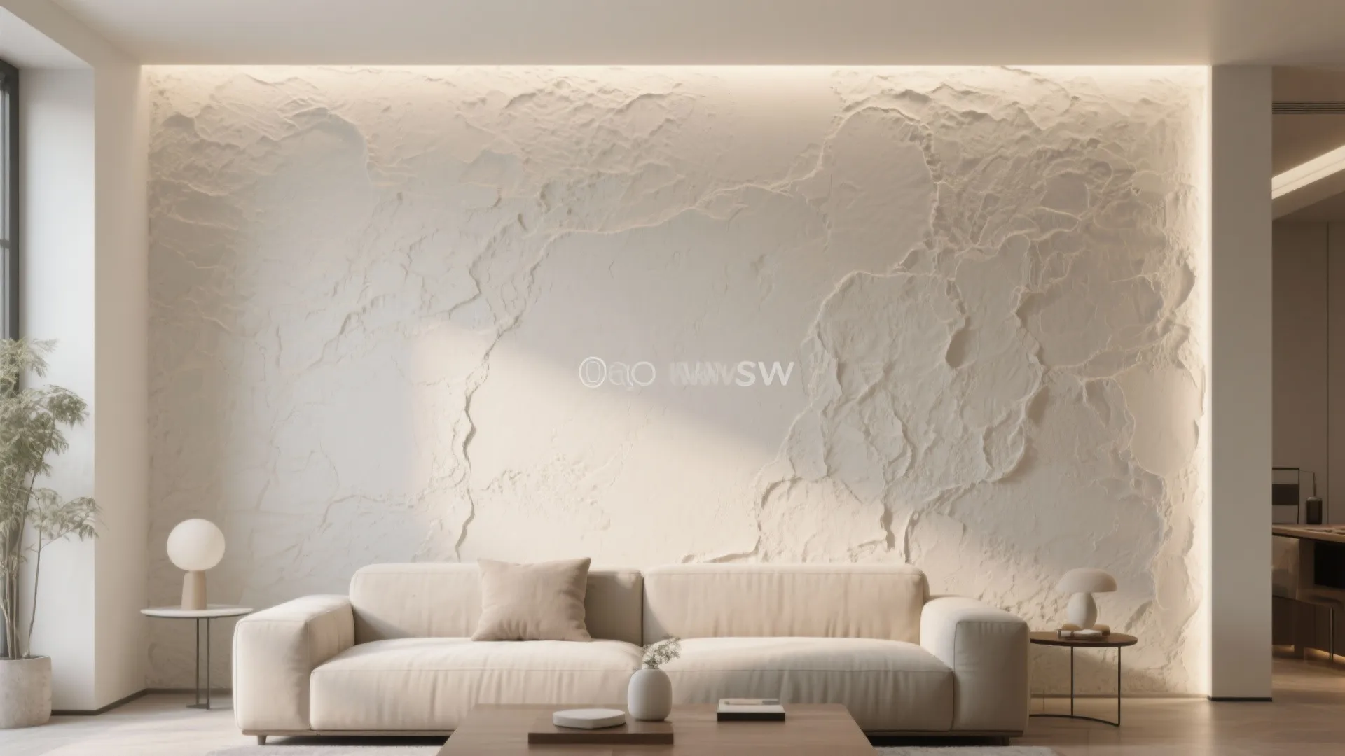 Modern living room featuring a white textured stone wall with cream sofa and warm lighting