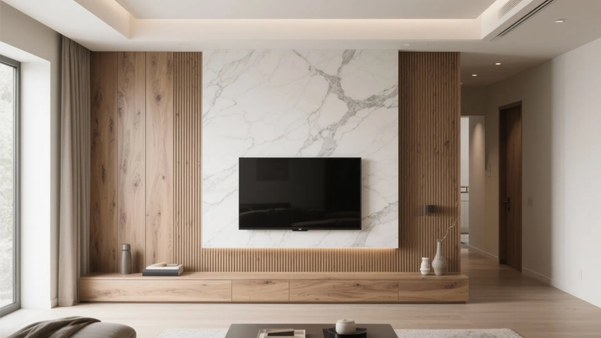 Textured Feature Wall: Fluted Wood or Large-Format Porcelain