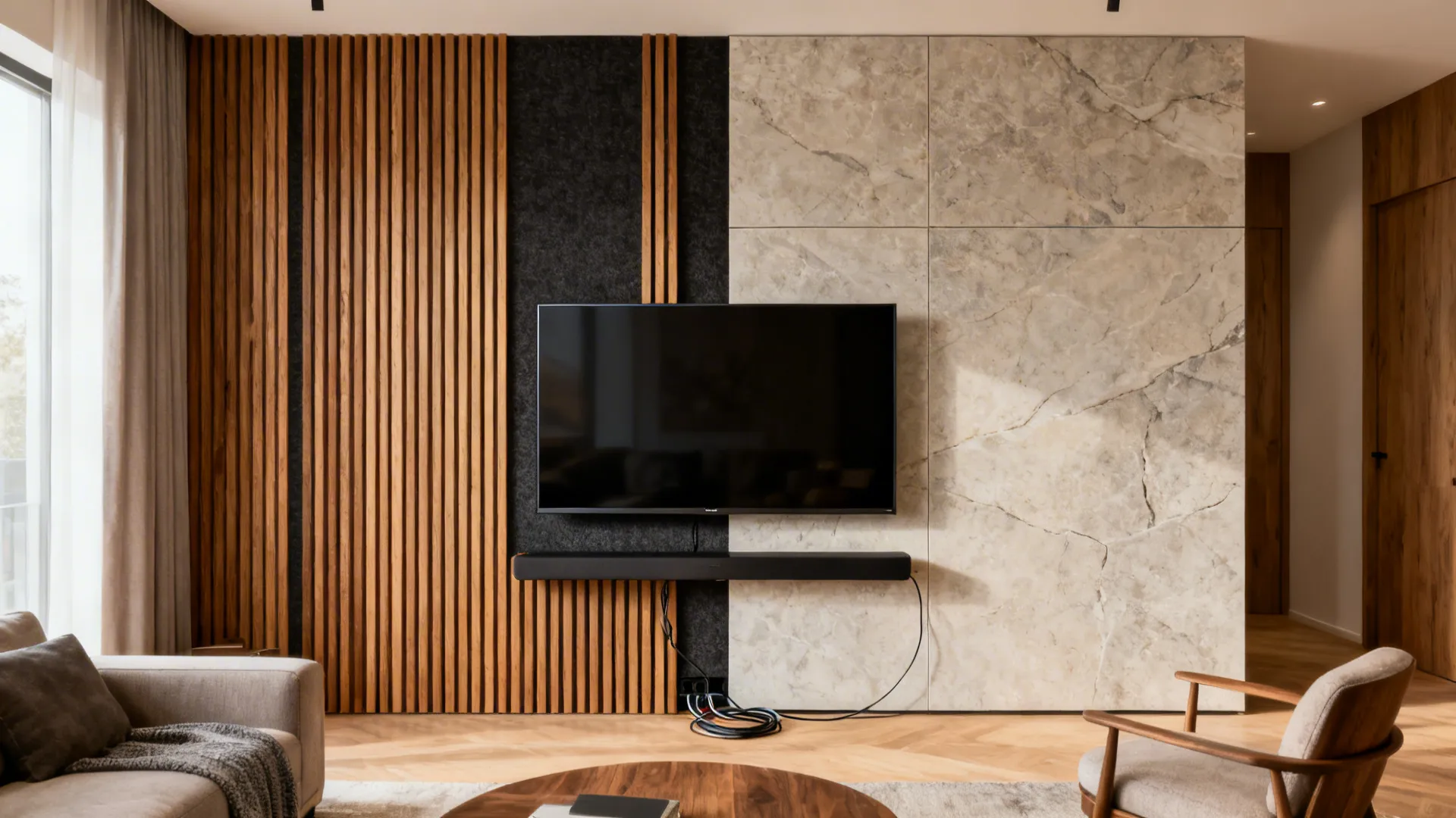 TV set into a textured feature wall with oak slats and stone-look porcelain options.