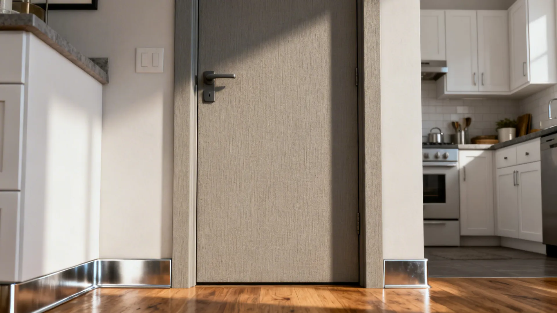 Textured linen-embossed fiberglass door in a compact modern kitchen entry with soft daylight.