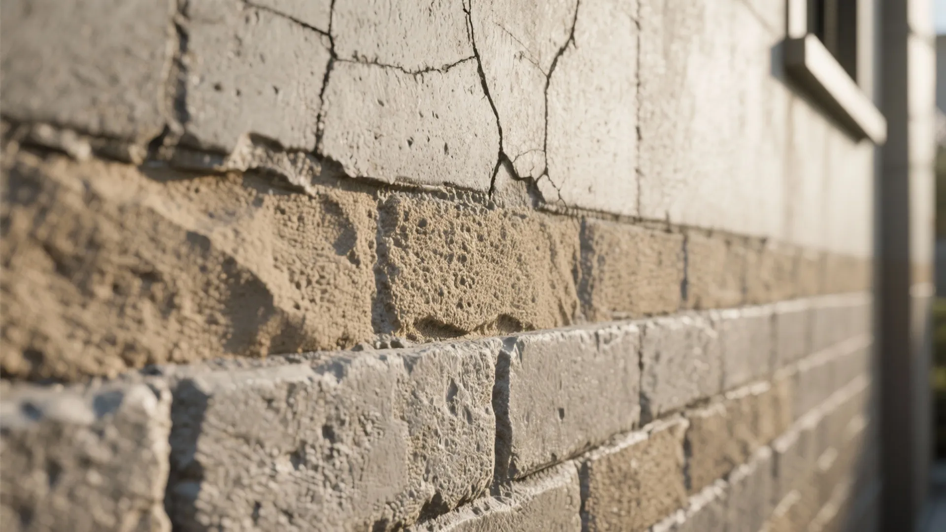 Close up view of a damaged grey brick wall showing cracks and peeling exterior surface