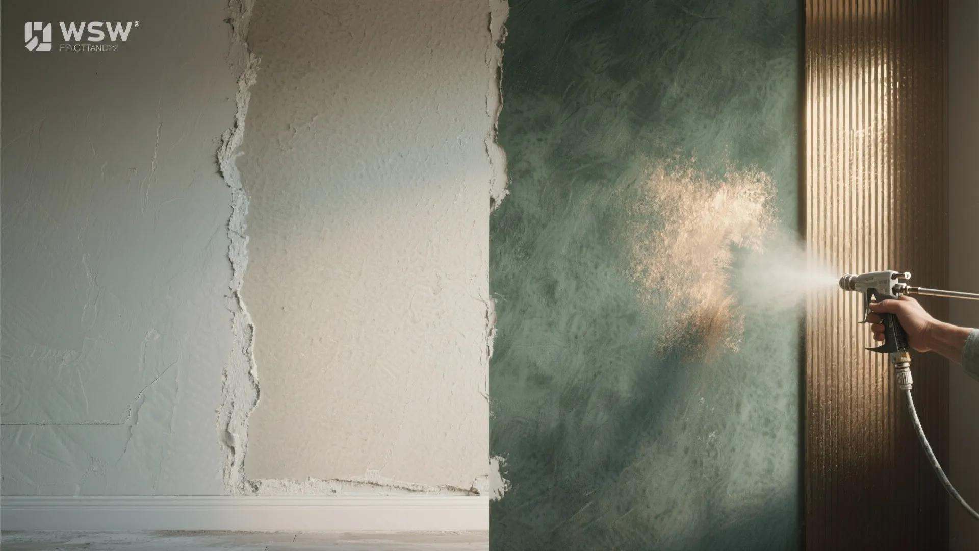 Close-up of a hand using a spray gun to apply textured green finish on walls