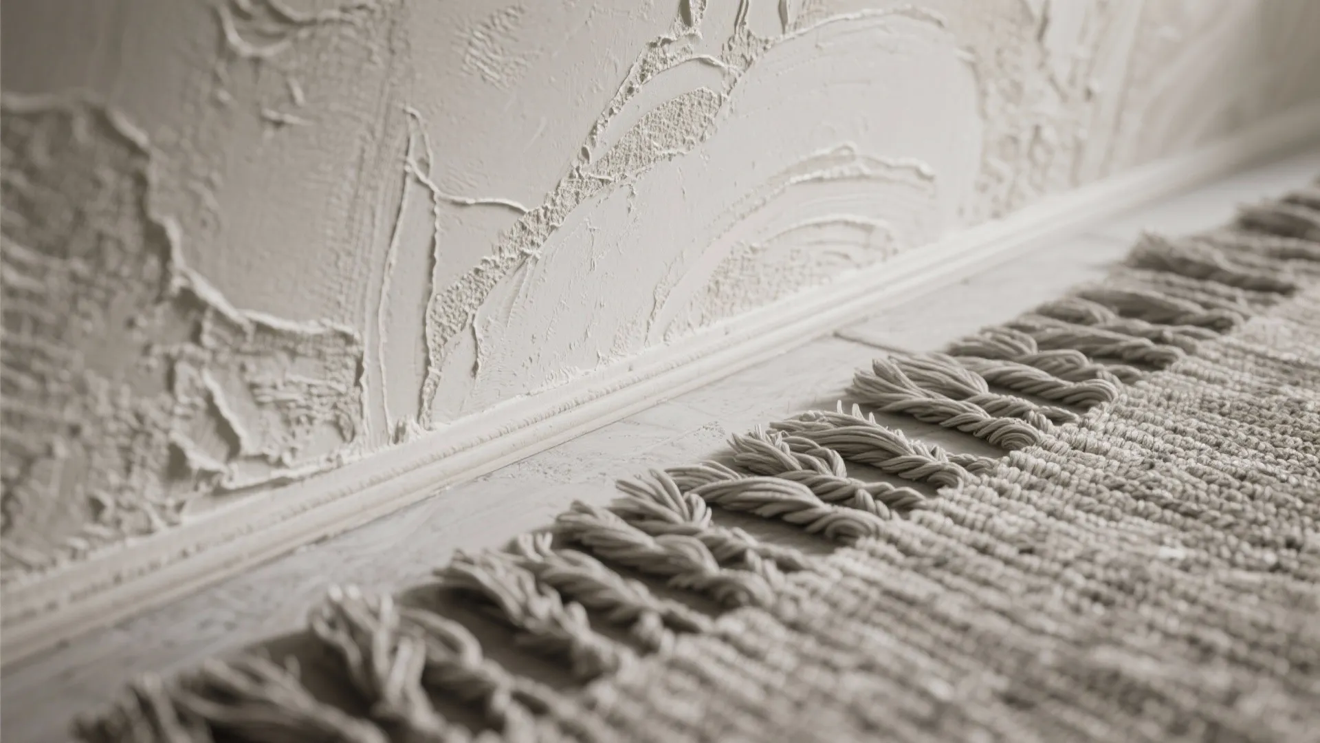 Close up of beige textured wall panel and woven rug on light wood floor interior design
