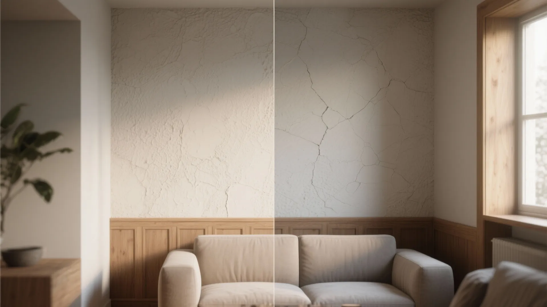Comparison between rough textured wall and cracked wall surface above wooden wall panel and sofa