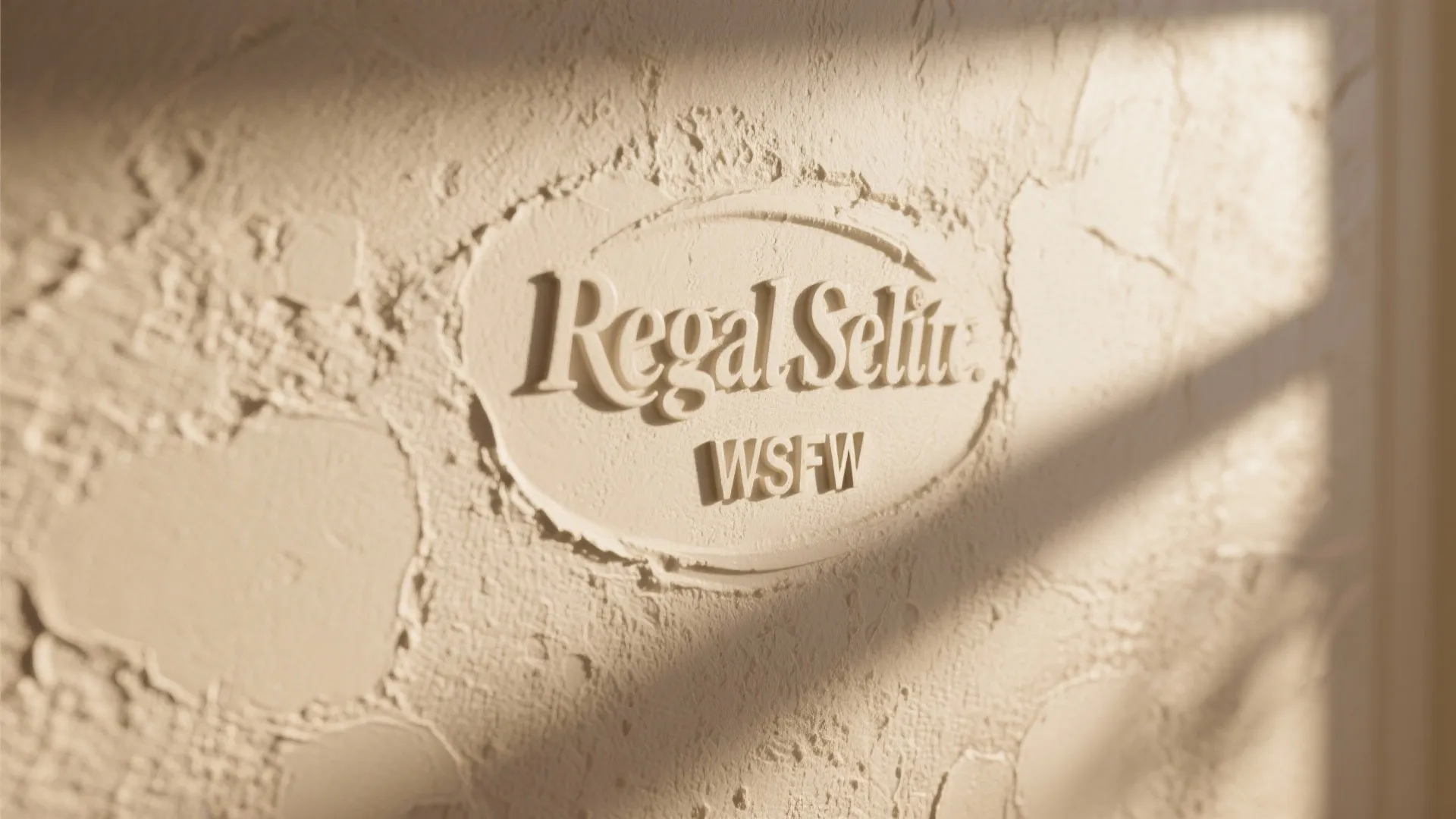 Close up of cream textured wall paint with raised logo design and soft natural sunlight shadows