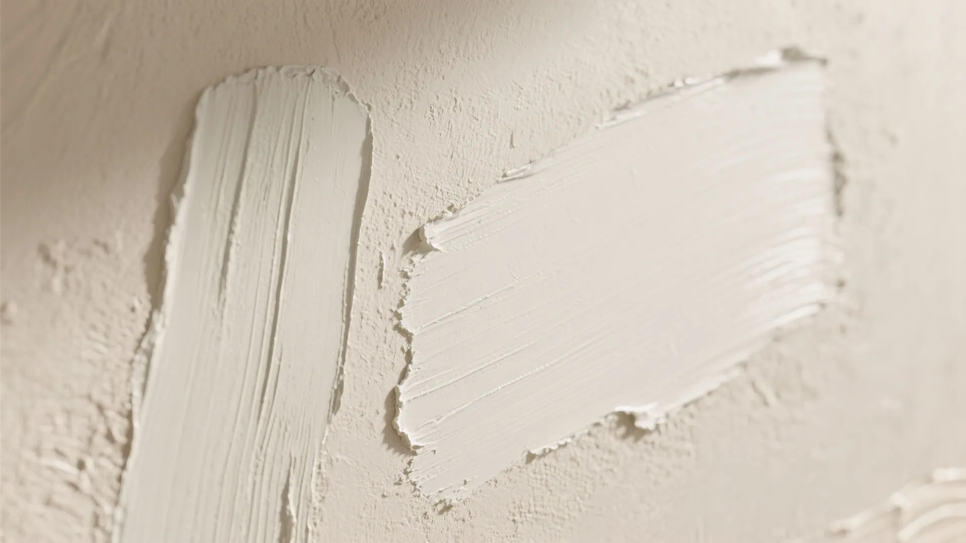 Close up of beige wall paint showing thick textured strokes and smooth plaster for interior design