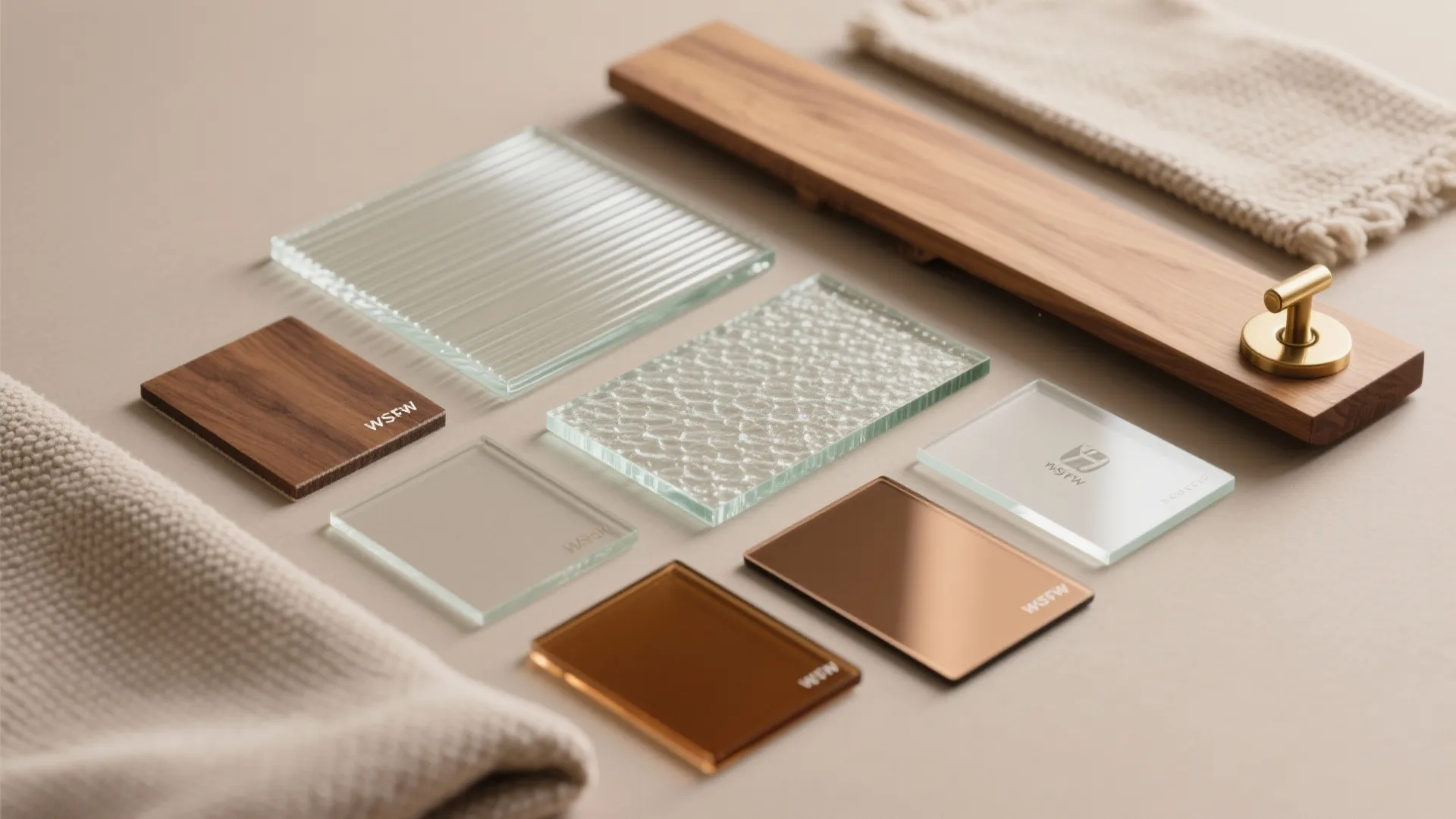 Various interior design material samples including textured glass wood pieces metal plates and soft fabric cloth