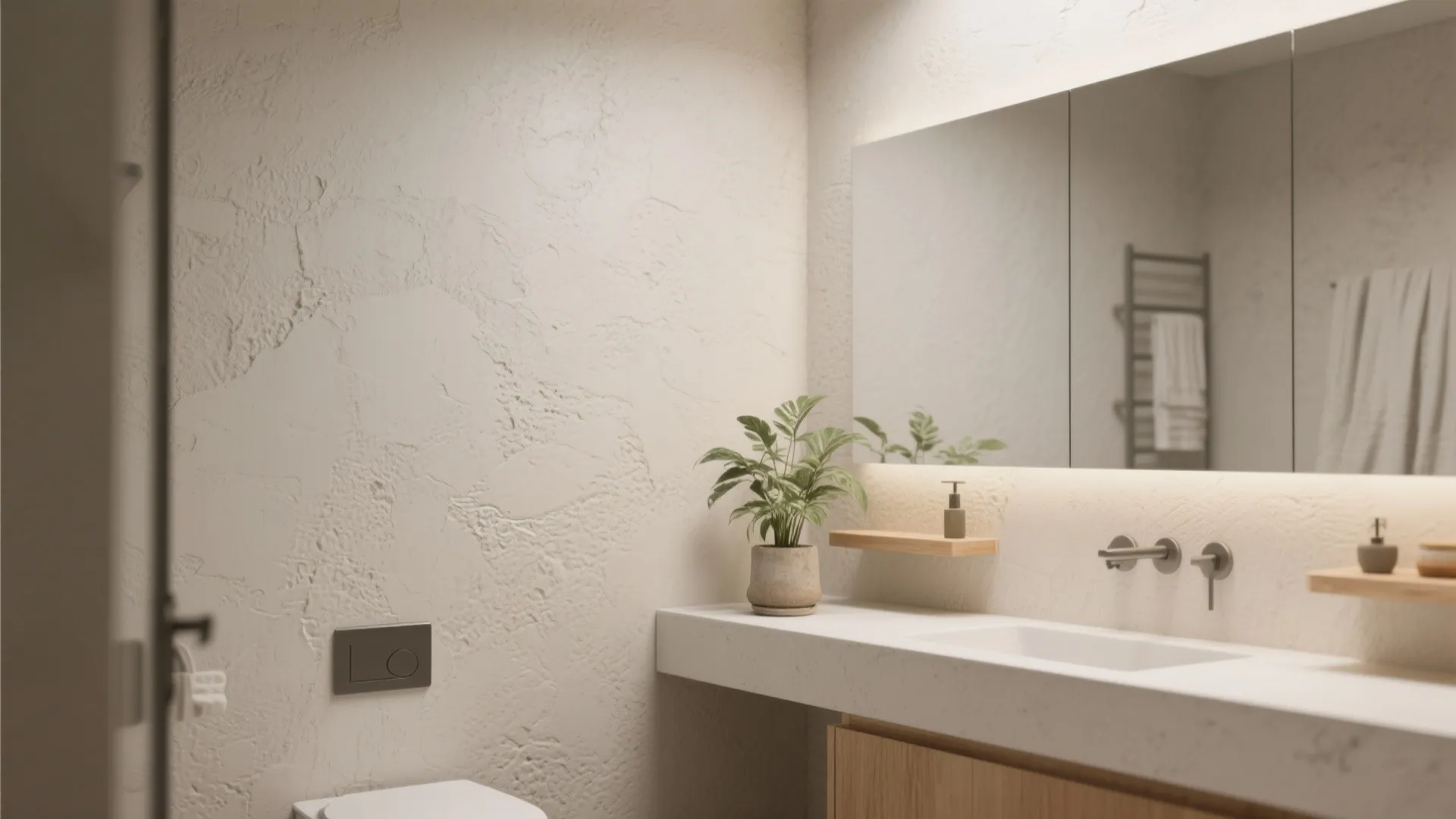 Small bathroom showing textured stucco wall softened by matte flat paint with wooden shelf and plant.