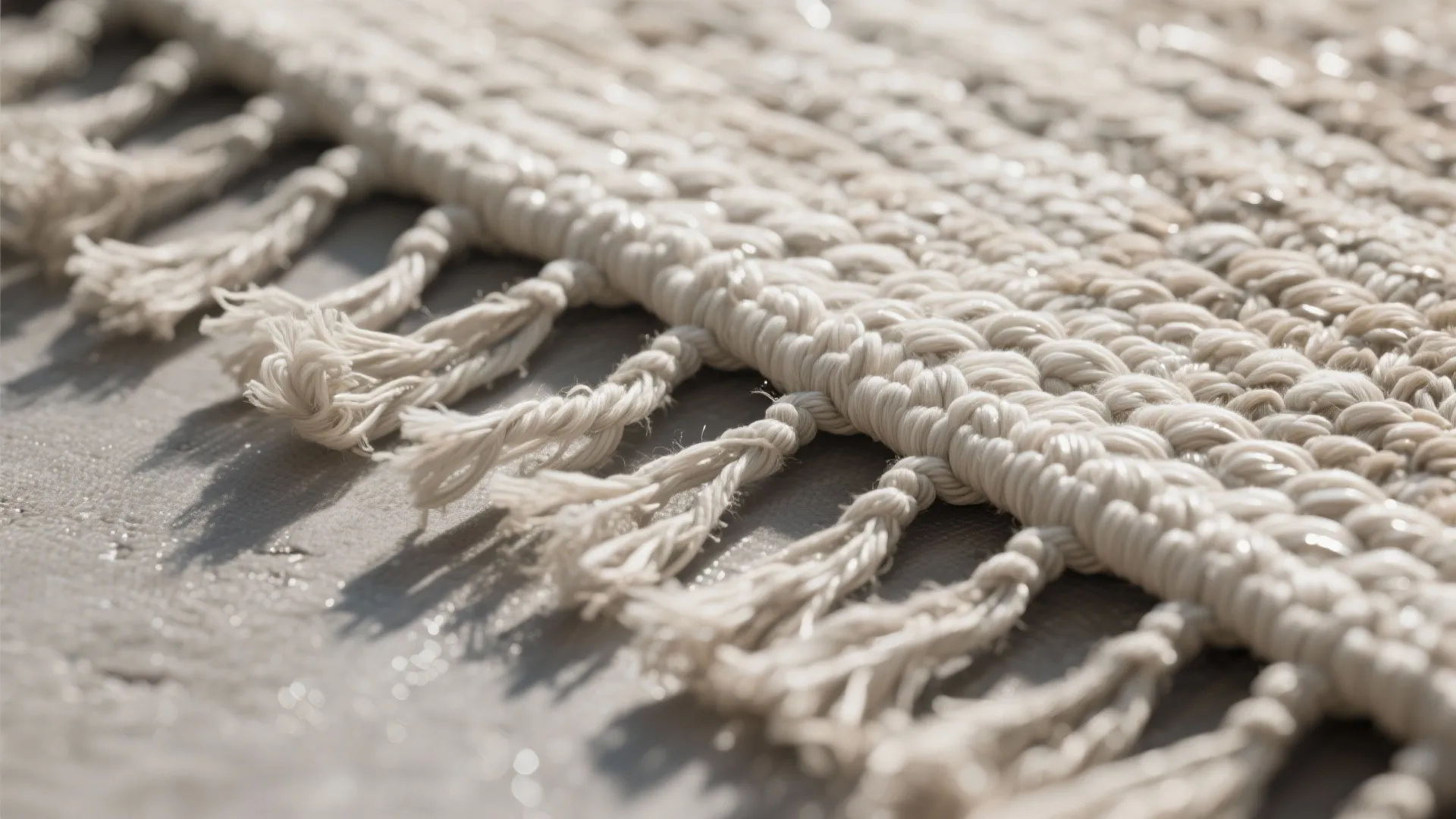 Close up view of white woven rug with tassels on a grey floor with sunlight