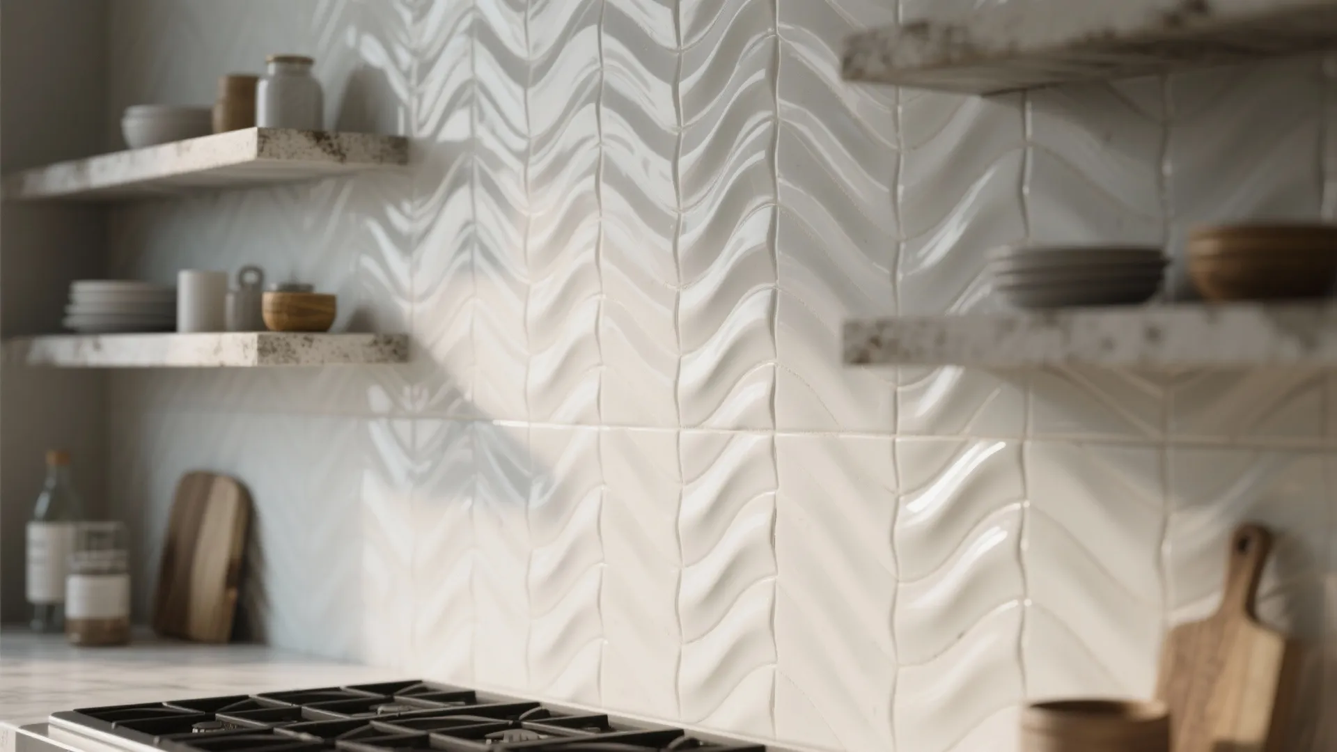 3. Textured White Tiles to Add Depth