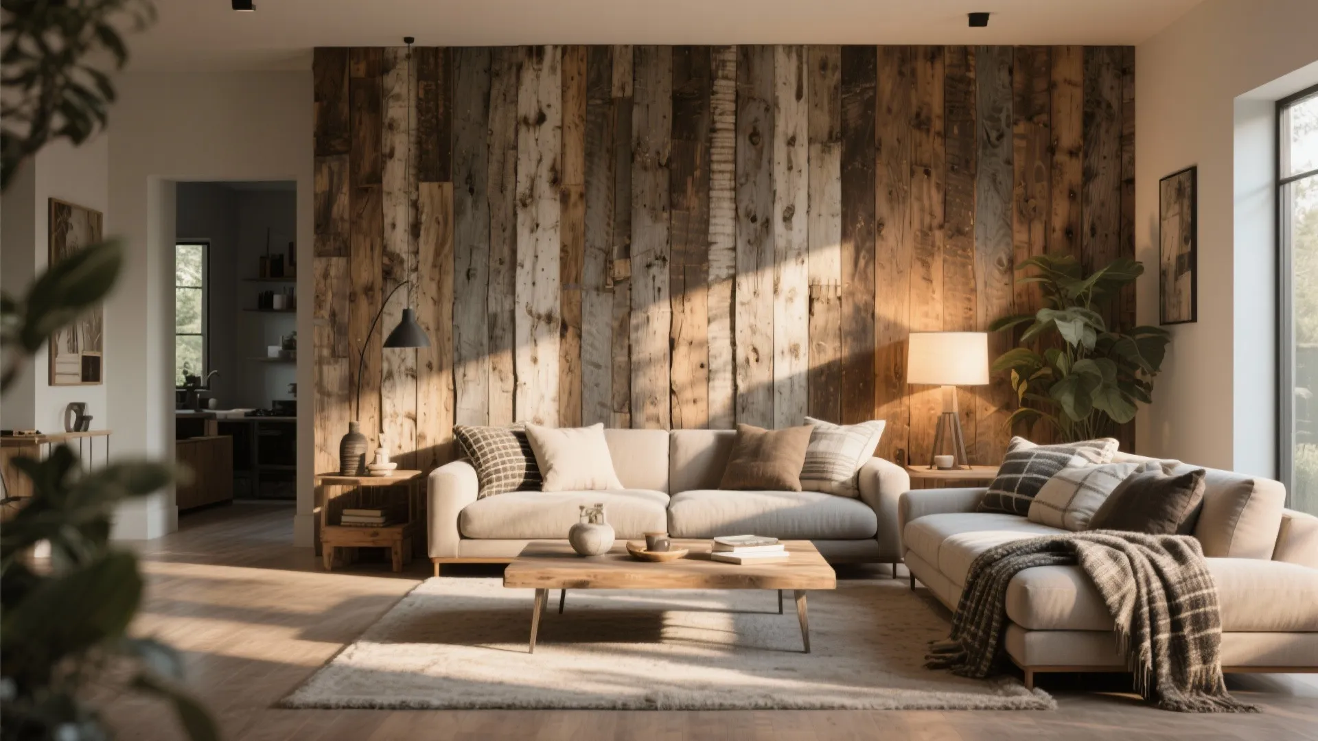 Cozy living room with wooden wall panel, beige sofas, coffee table, and warm natural sunlight