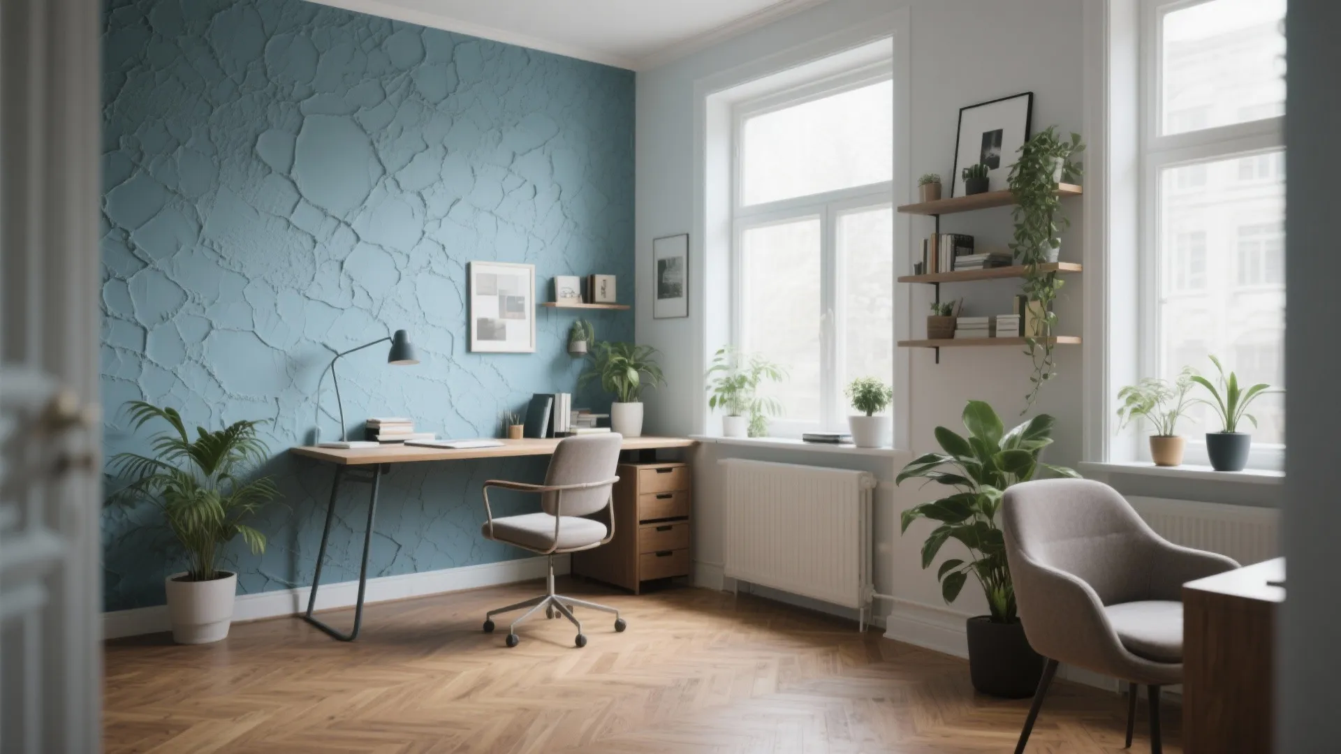 Modern home office featuring textured blue wall panel wooden desk grey chair and green indoor plants