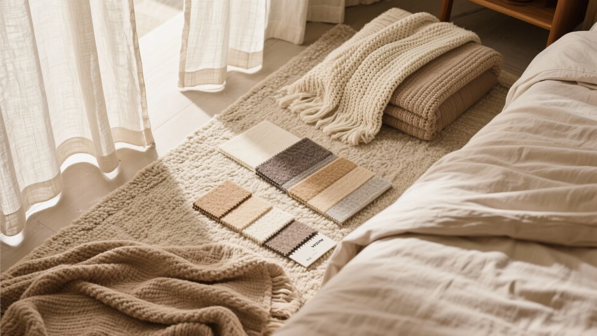 Flat lay of soft furnishing textures including linen and knitted fabric