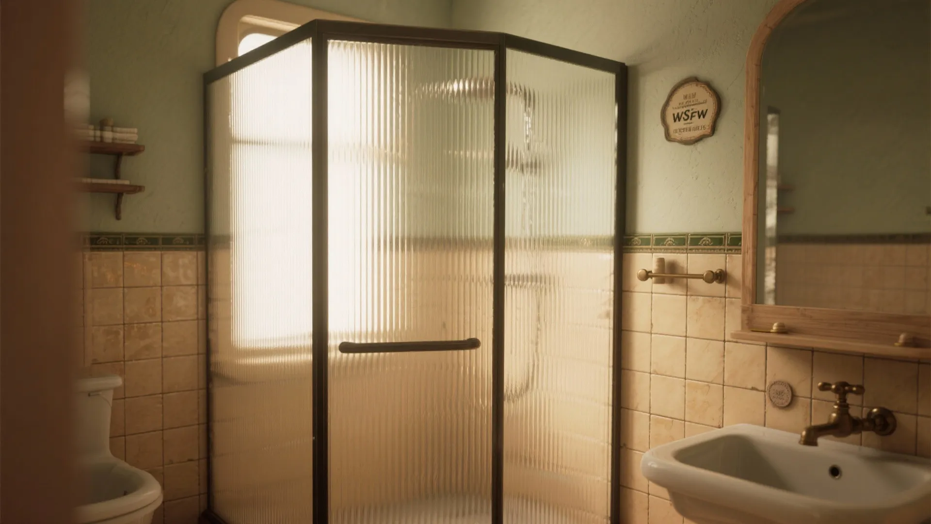 Vintage bathroom with textured glass shower cabin green walls cream tiles and old style sink