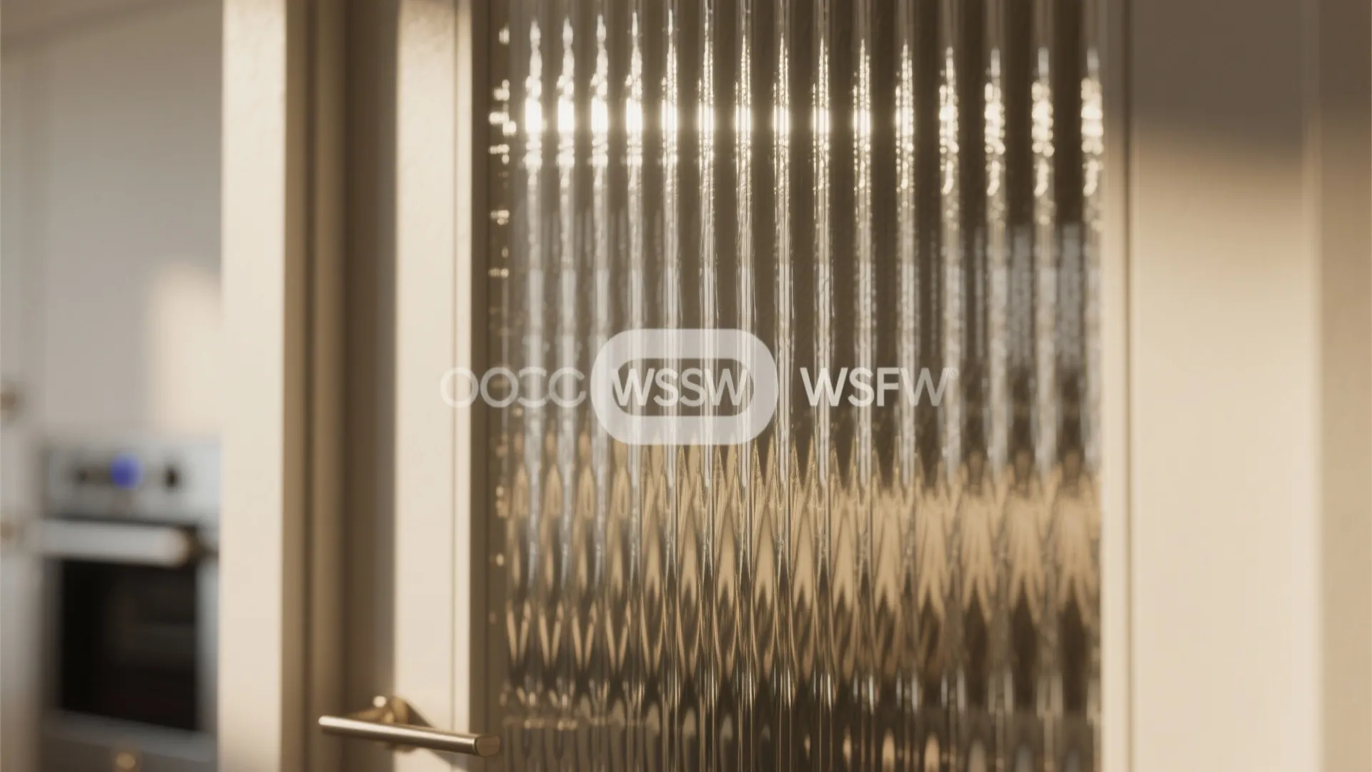 Close up of a modern ribbed glass door panel with a silver handle in kitchen