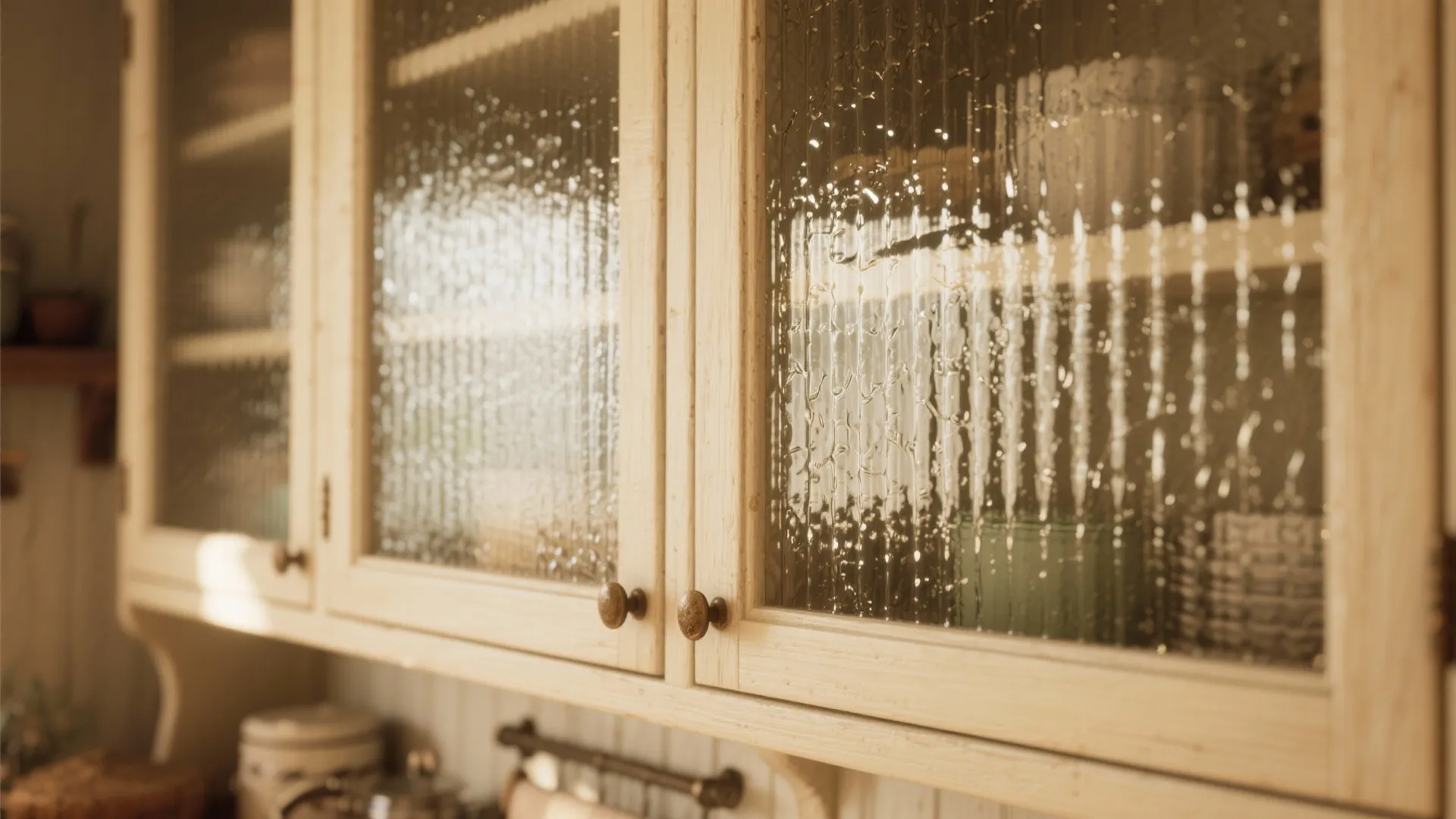 Close up of cream wooden kitchen cabinet doors with textured glass panels and round knobs