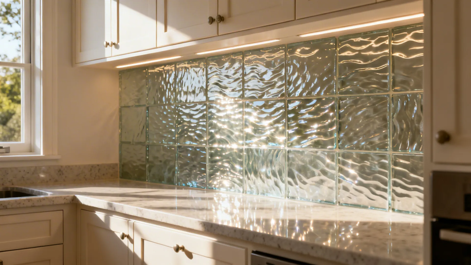 Rippled textured glass tile backsplash glowing in soft window light.