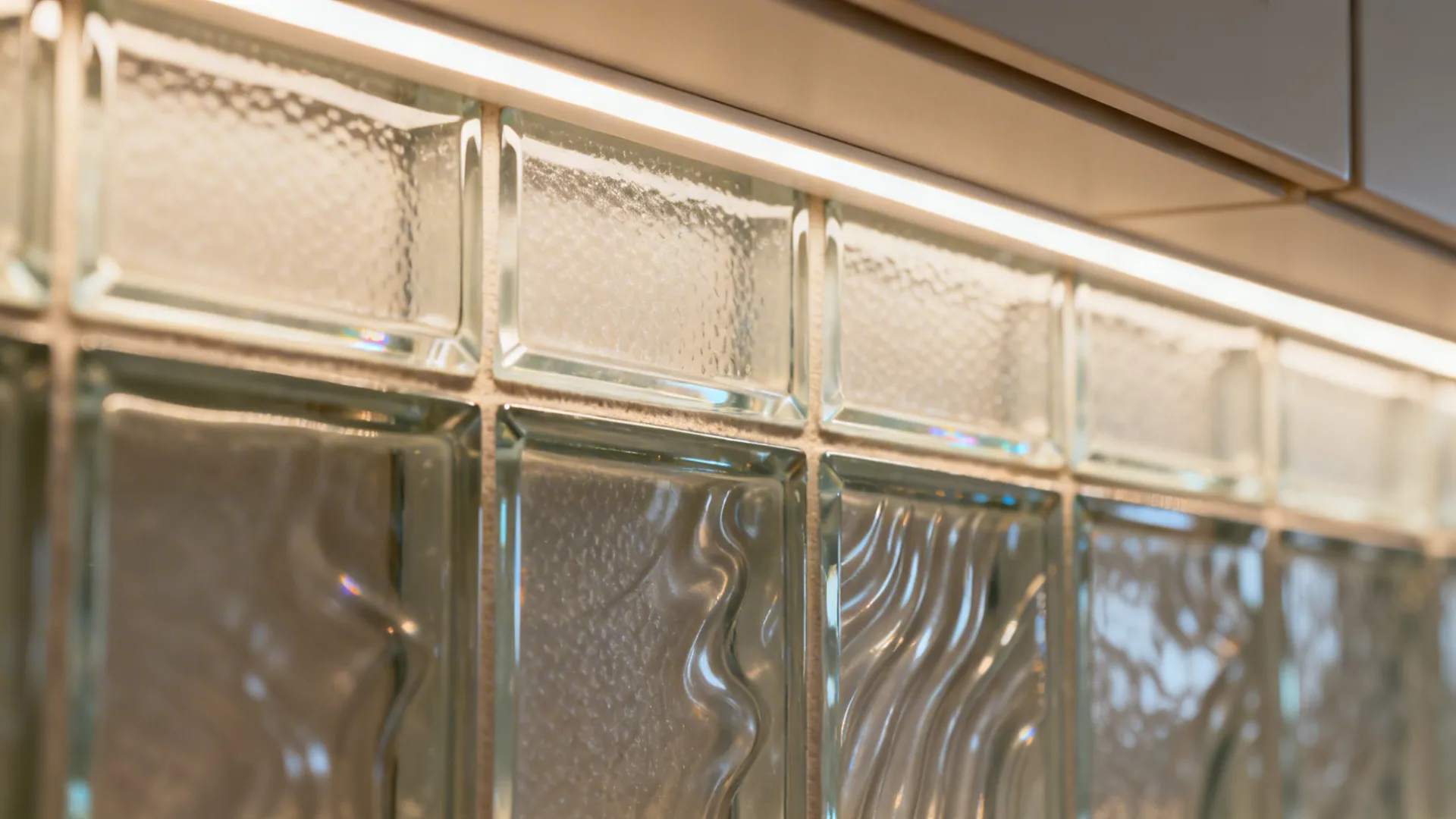 Macro of rippled and beveled glass tiles with soft prismatic highlights.