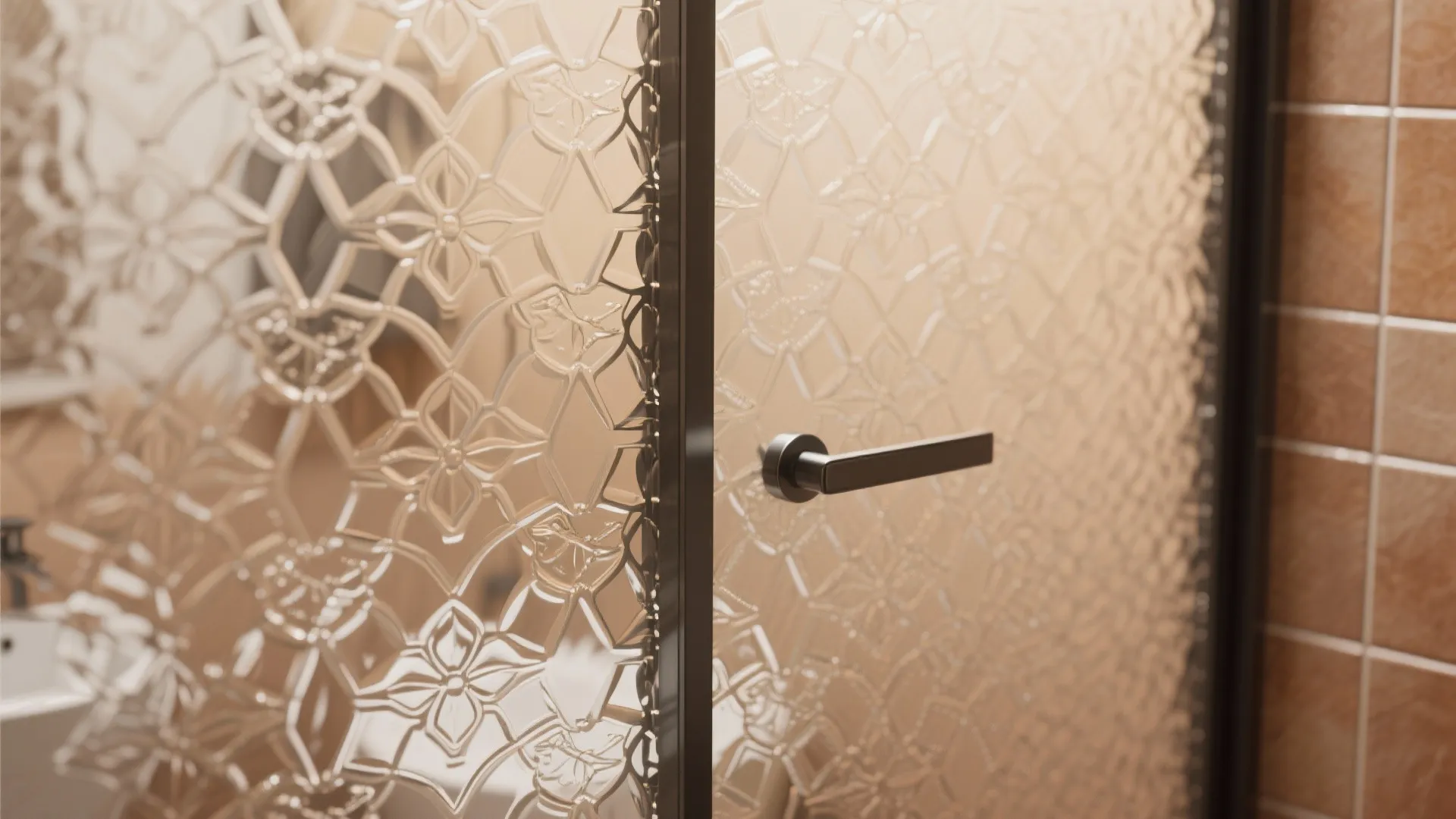 Close-up of a textured glass door with flower patterns and a simple black metal handle