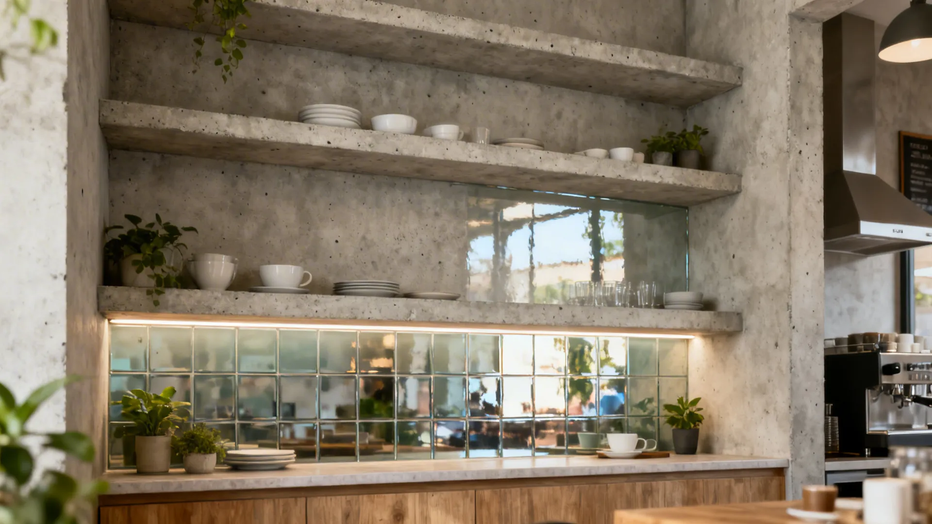 Textured concrete shelves with a back-painted glass backsplash reflecting soft daylight in a compact kitchen.