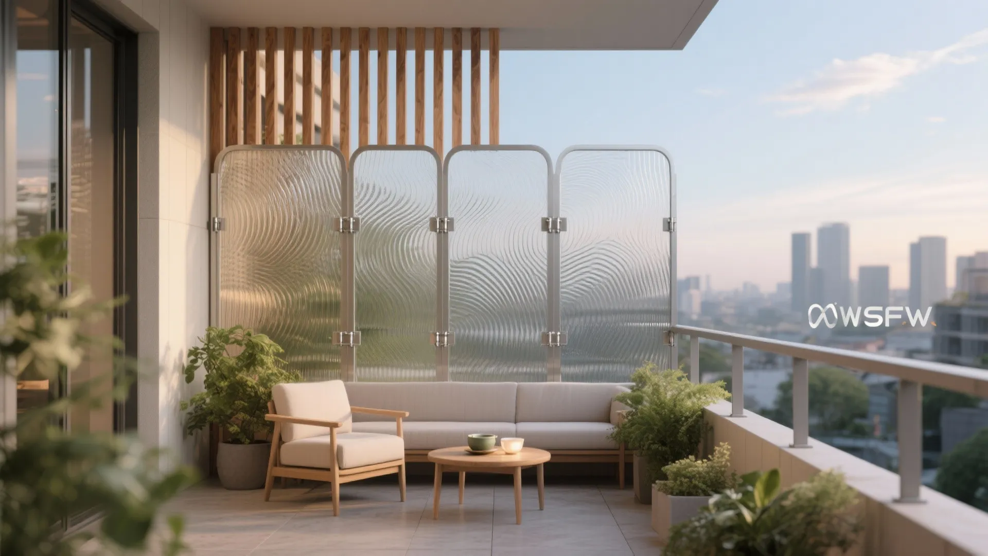 3) Textured Glass Windbreaks with Slatted Timber