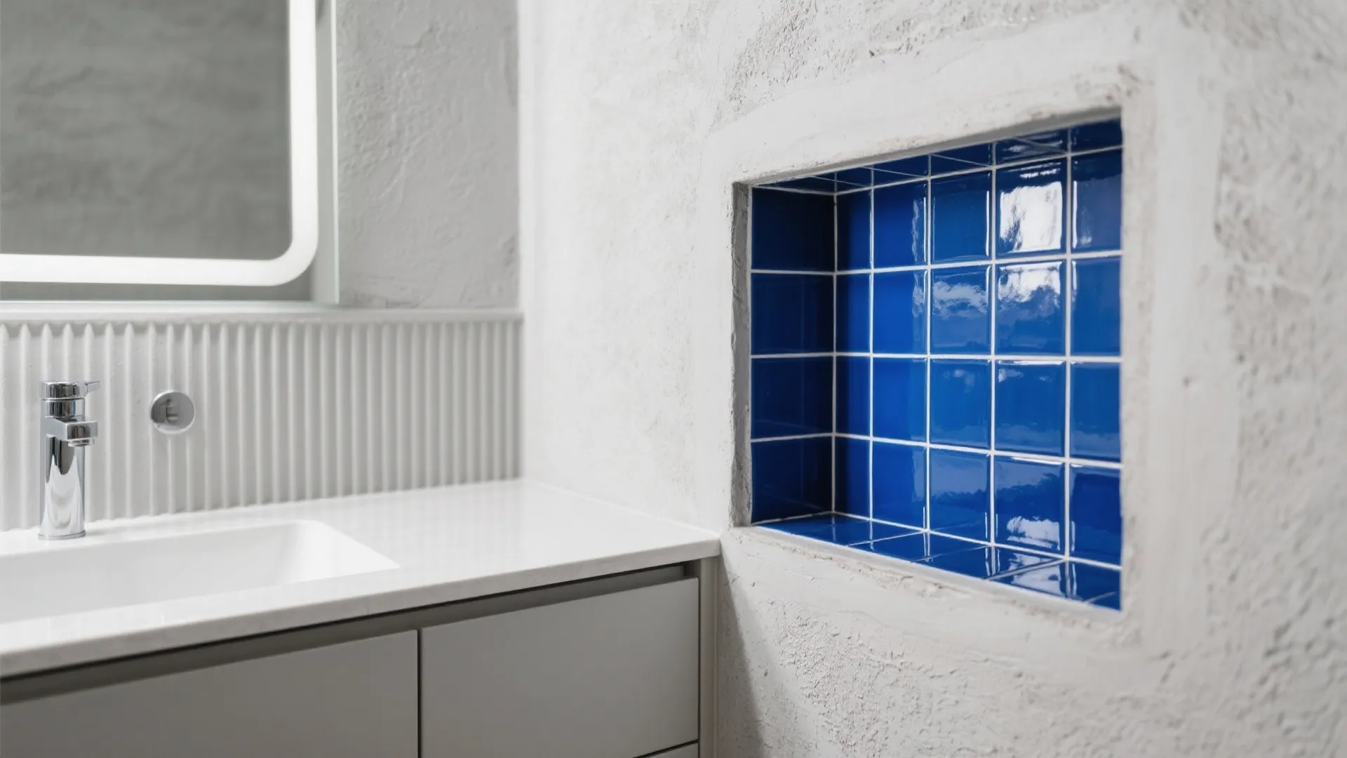 White sink on grey cabinet next to wall shelf with bright blue glossy square tiles