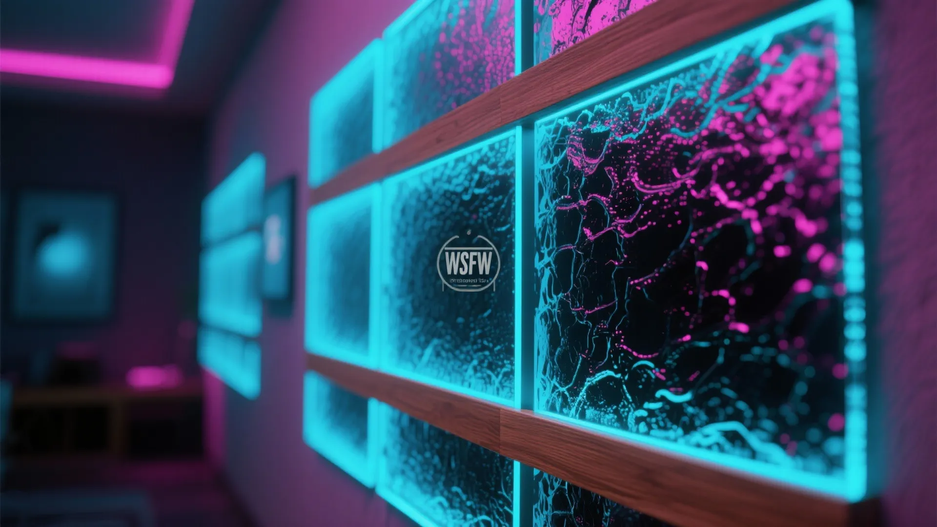 Decorative wall with glowing blue glass panels framed in wood and vibrant purple neon lights