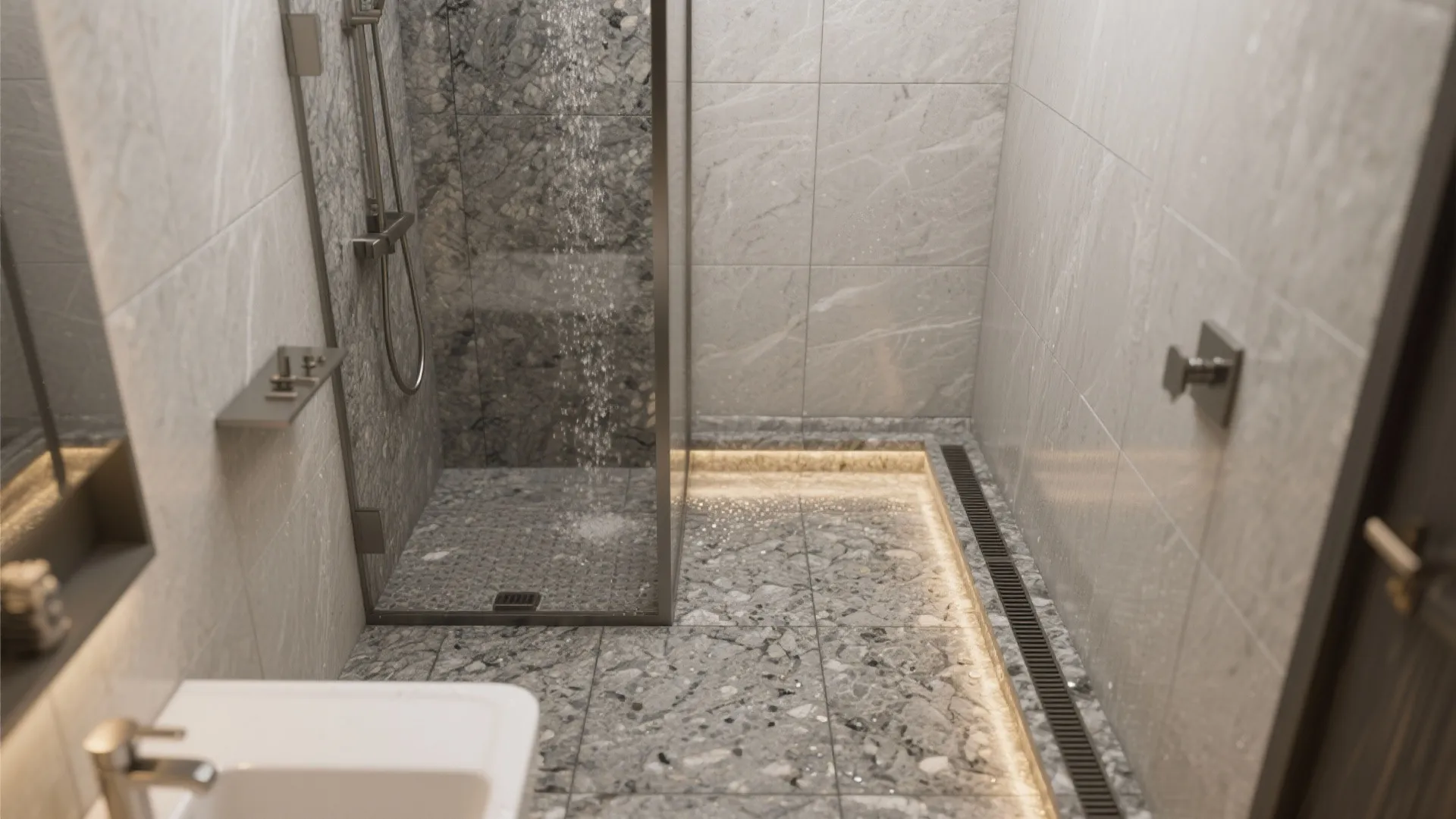 Compact shower with flamed granite floor, honed walls, and a linear drain for safety.