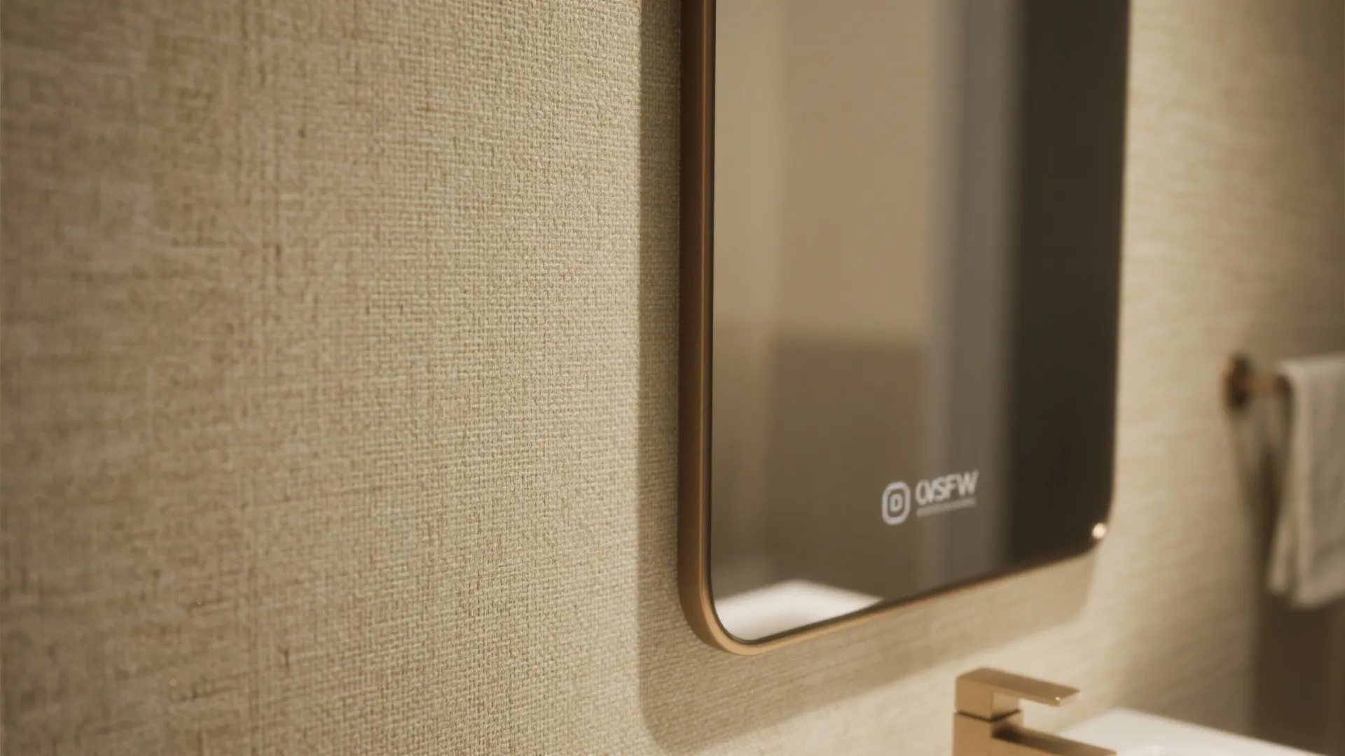 Close up of beige textured wall covering next to a modern mirror and gold faucet